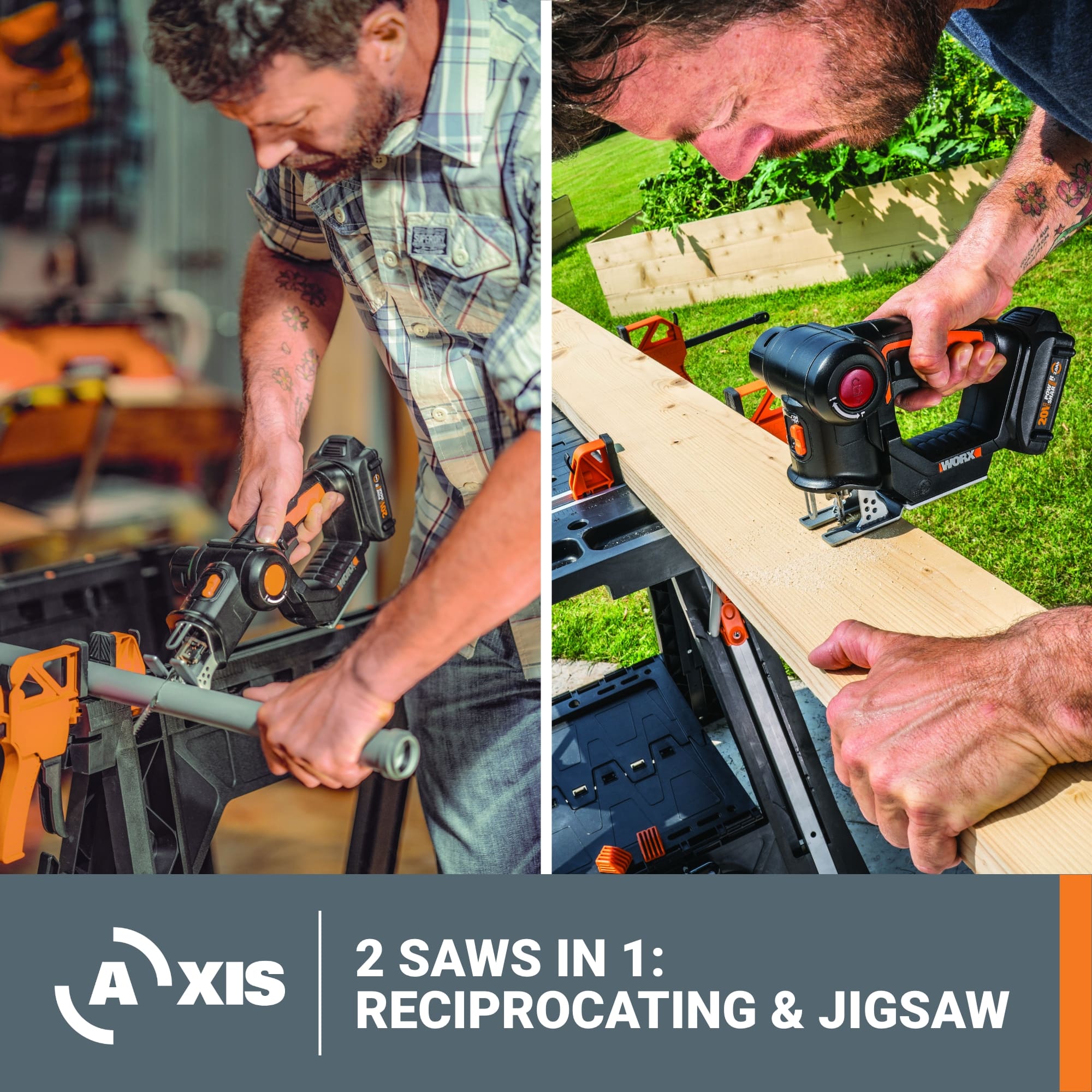 WORX Axis 20V Cordless Brushless Reciprocating & Jig Saw (1 x Battery