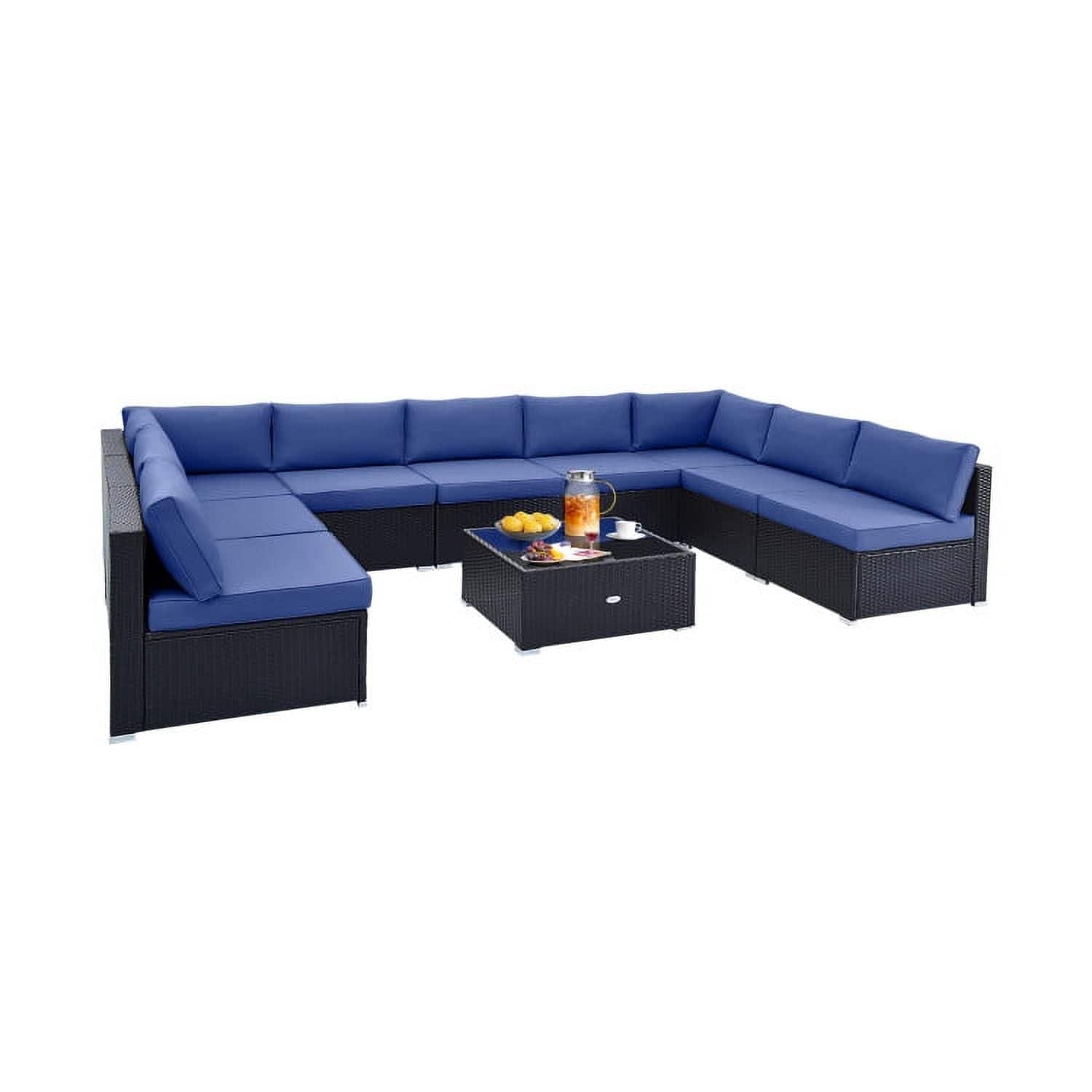 Kadyn - 10 Pc Outdoor Wicker Conversation SetWicker Patio sectional Furniture SetsAll-Weather Rattan Sectional Sofa - Blue