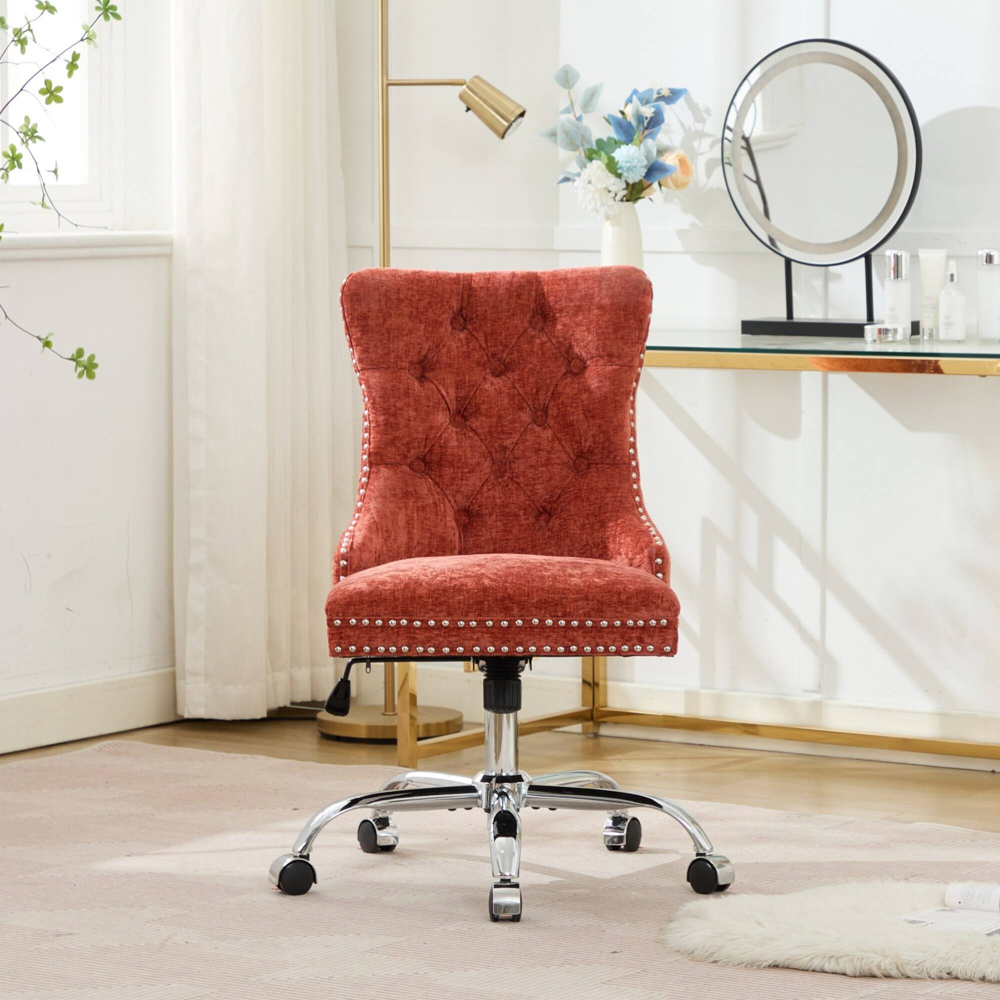 Alt View 10. GOODSILO - Modern Chenille Upholstered Office Chair with Tufted Button Design and Chrome Metal Base for Home Office Workspace - Orange.