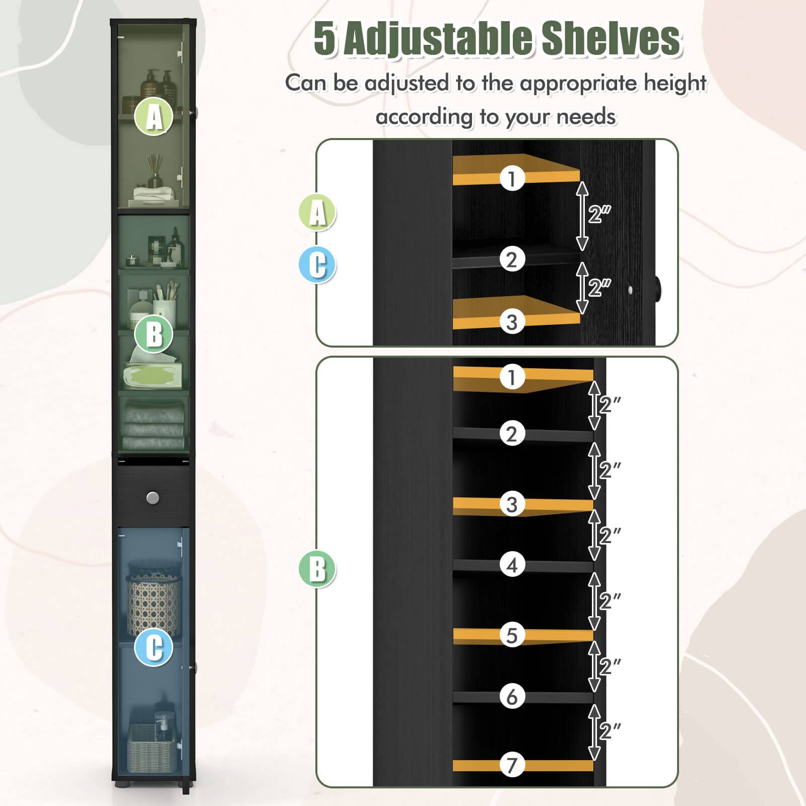 5 Adjustable Shelves  
Can be adjusted to the appropriate height according to your needs  

A  
B  
C  

1  
2  
3  
4  
5  
6  
7  

2"  
2"  
2"  
2"  
2"  
2"  
2"