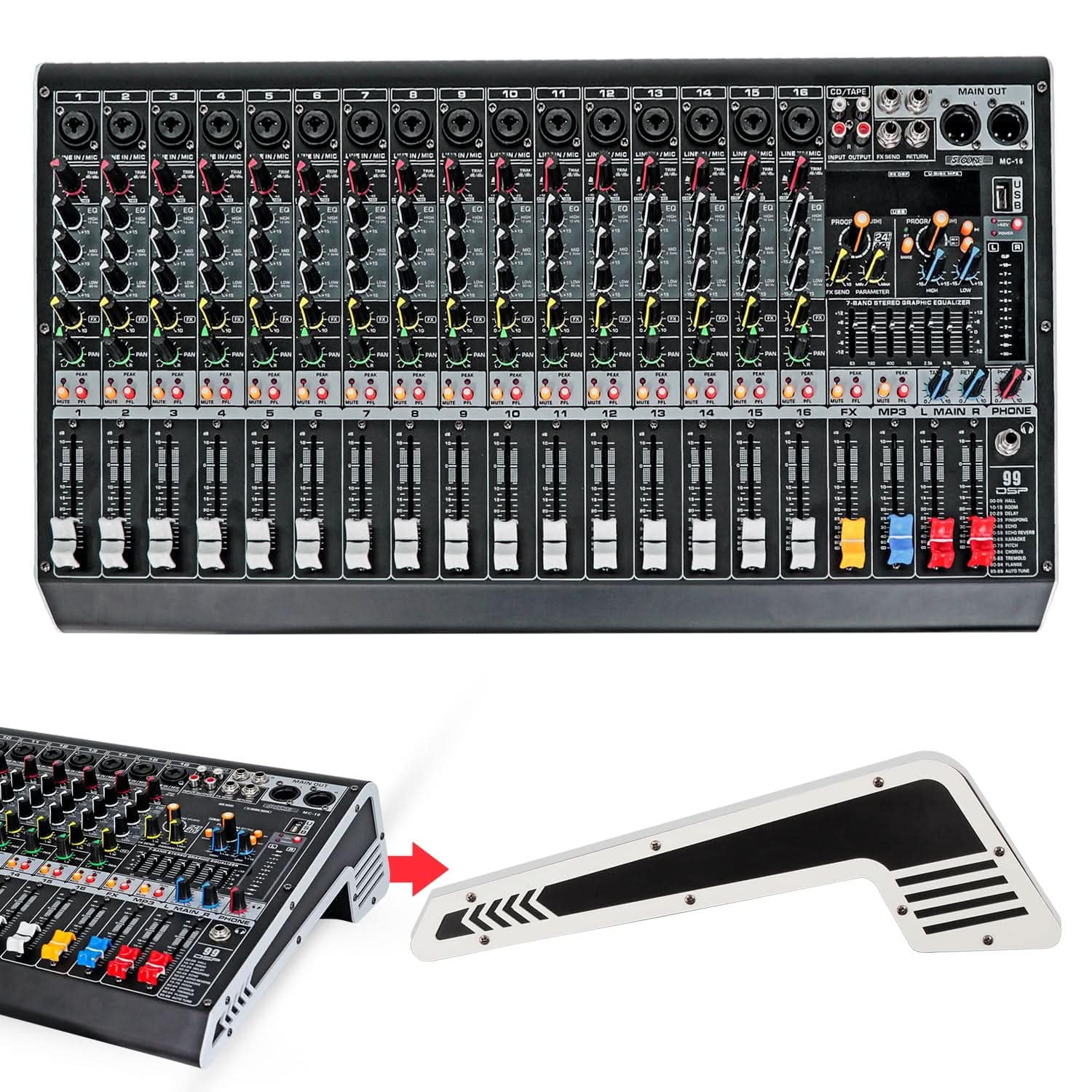 5 CORE - Audio Mixer 16 Channel DJ Soundboard USB Interface Bluetooth Mixing Console w 99 DSP Effect