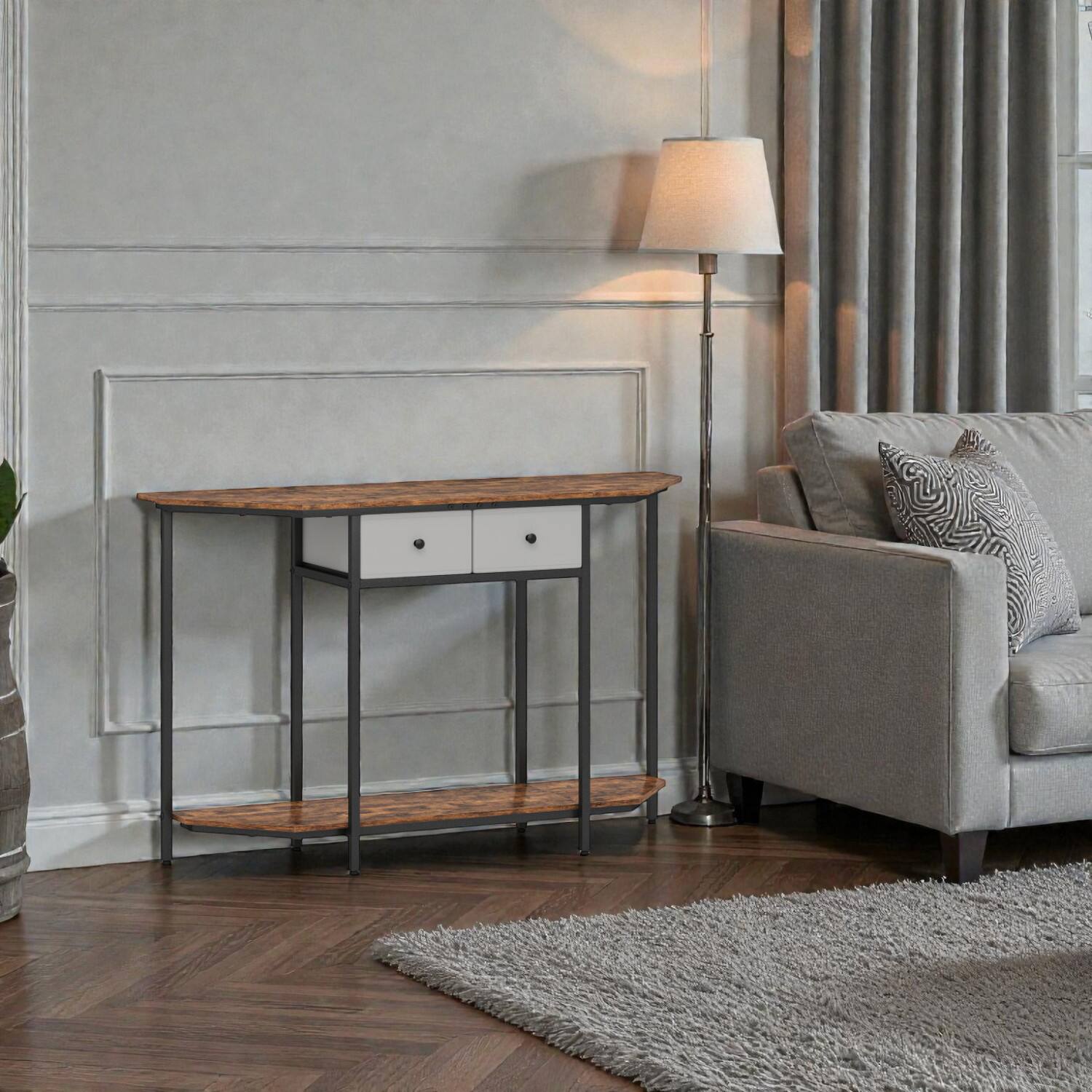 Front. Hivvago - Functional Living Room Table Featuring Two Drawers and Open Shelf - Rustic Brown.