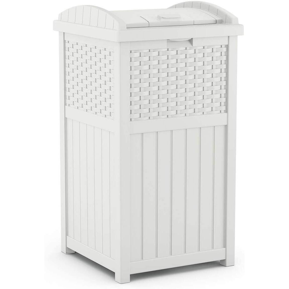 Alt View 4. Suncast - Suncast Wicker Resin Outdoor Hideaway Trash Can Bin with Latching Lid (2 Pack) - White.