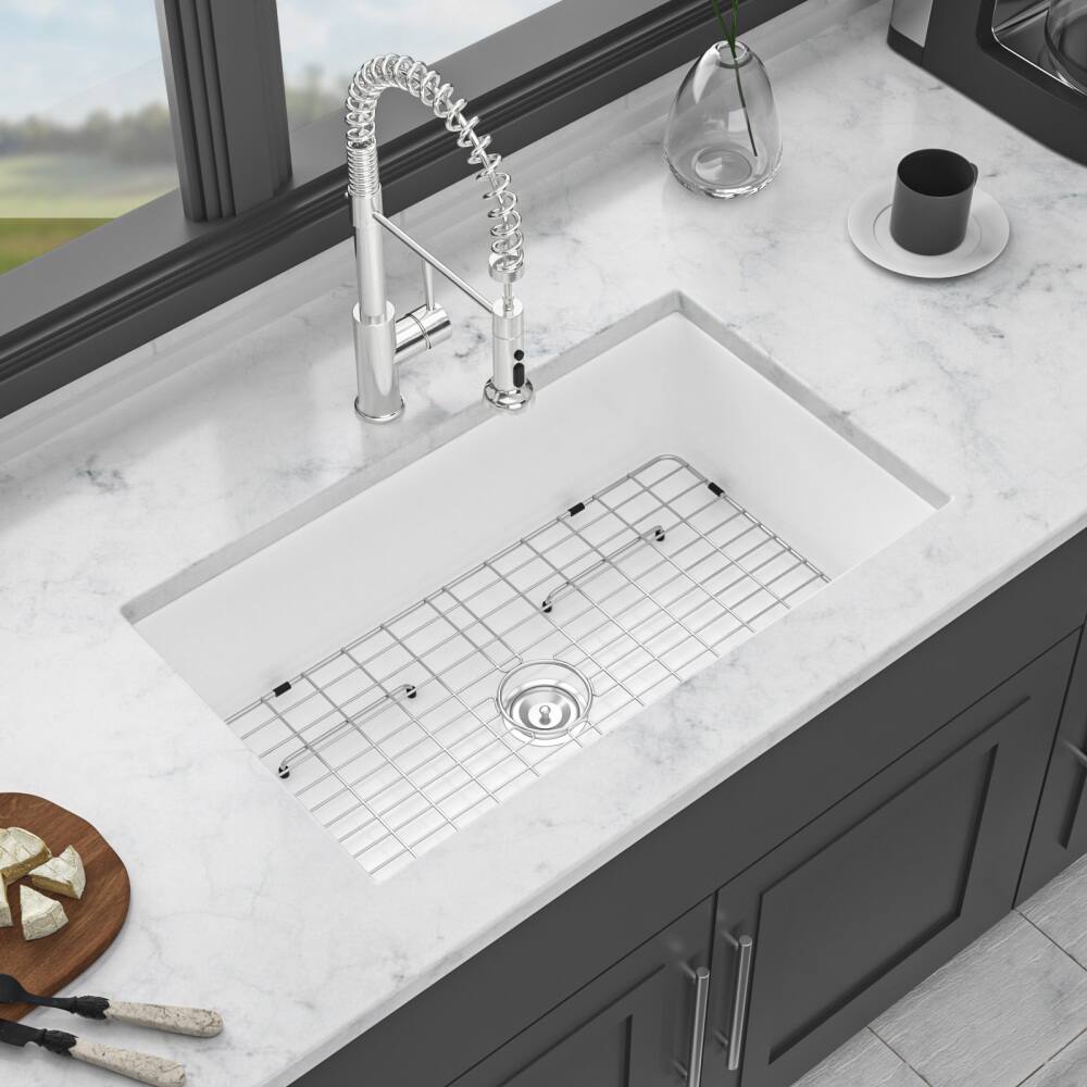 Back. JUJABU - 32"x19"x10" Undermount Single Bowl Porcelain Fireclay Kitchen Sink - White.