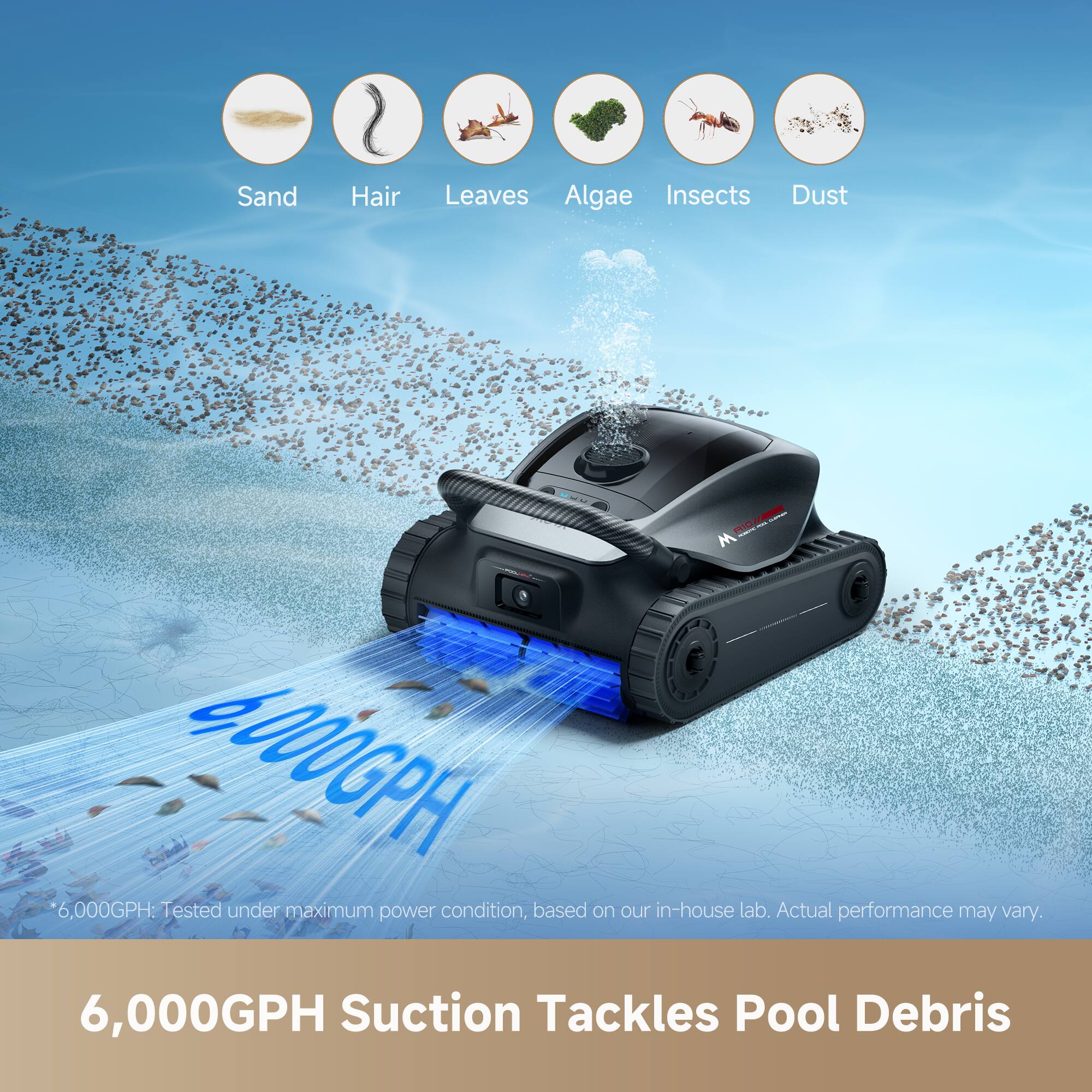 Sand, Hair, Leaves, Algae, Insects, Dust

PIDA M - 4000GPH 6,000GPH: Tested under maximum power condition, based on our in-house lab. Actual performance may vary. 6,000GPH Suction Tackles Pool Debris