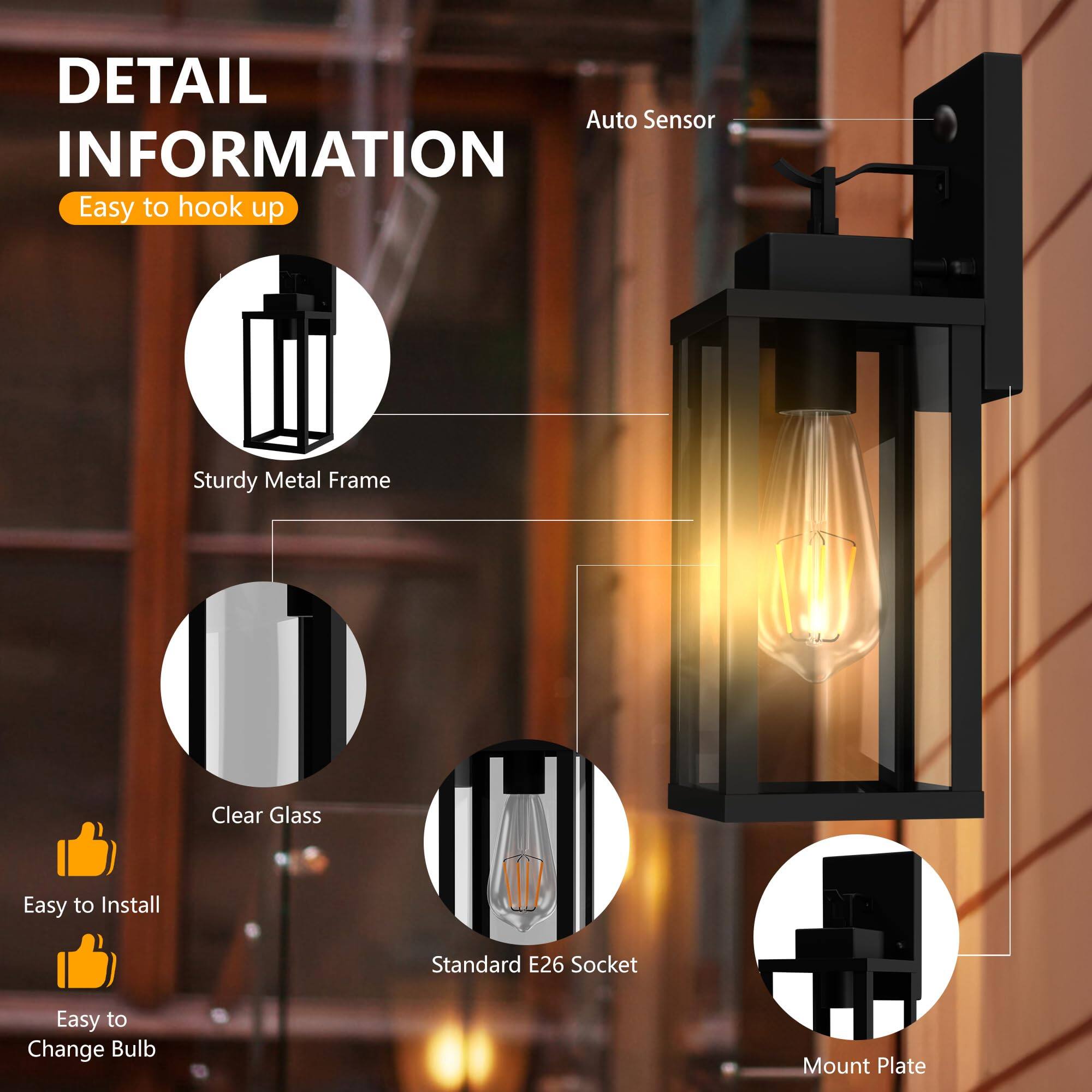 DETAIL INFORMATION

- Easy to hook up
- Sturdy Metal Frame
- Clear Glass
- Easy to Install
- Standard E26 Socket
- Easy to Change Bulb
- Mount Plate
- Auto Sensor