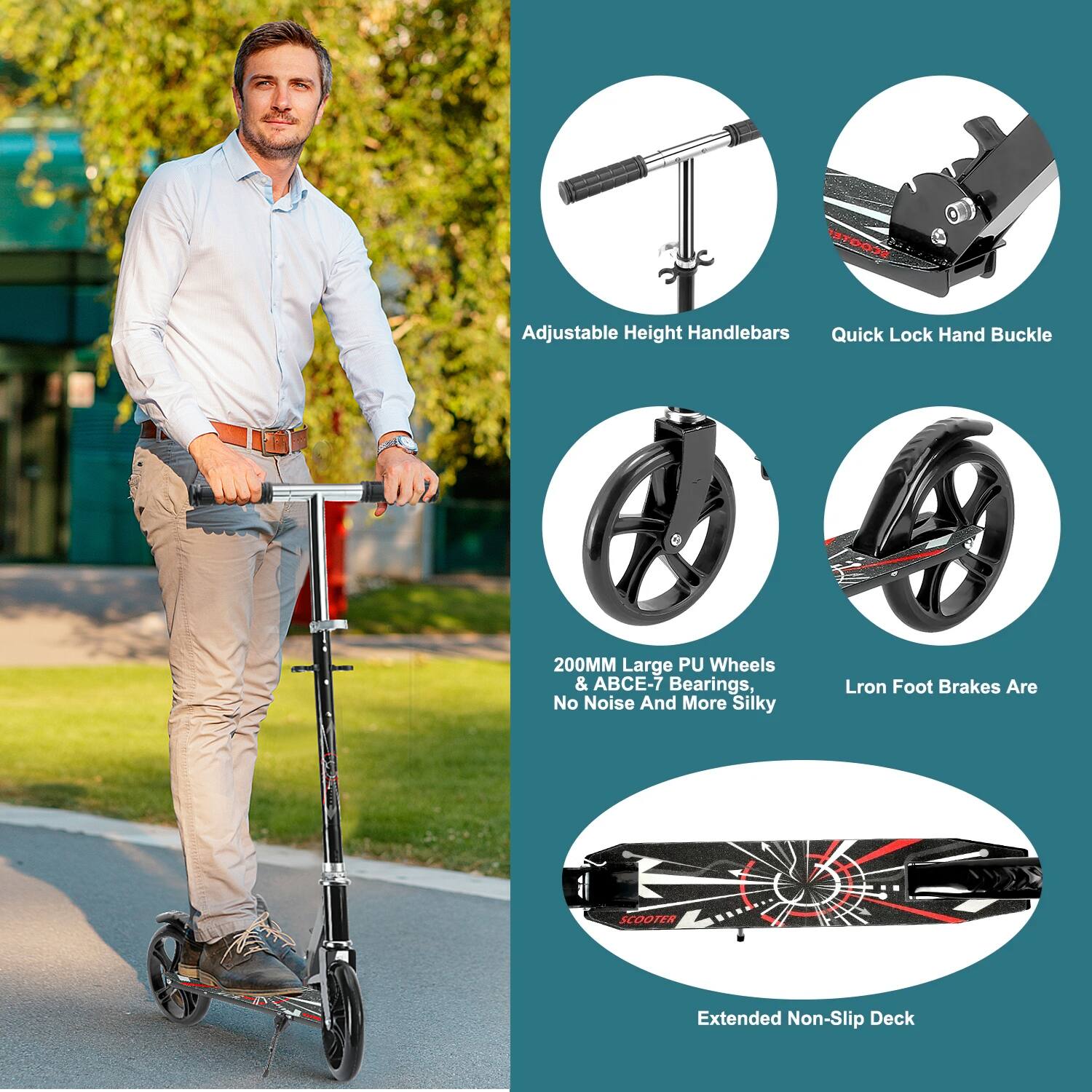 91003 Adjustable Height Handlebars Quick Lock Hand Buckle 200MM Large PU Wheels & ABCE-7 Bearings, No Noise And More Silky Lron Foot Brakes Are SCOOTER Extended Non-Slip Deck

- Adjustable Height Handlebars
- Quick Lock Hand Buckle
- 200MM Large PU Wheels & ABCE-7 Bearings, No Noise And More Silky
- Lron Foot Brakes Are
- Extended Non-Slip Deck