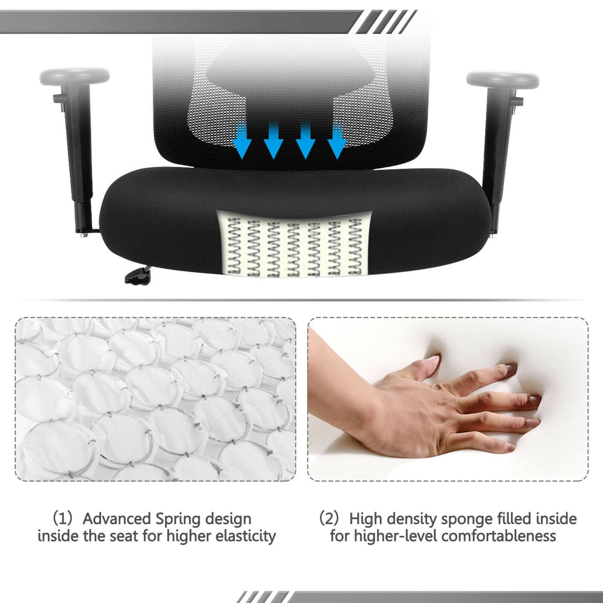 The text on the image is grouped and corrected as follows:

1. Advanced Spring design inside the seat for higher elasticity.
2. High density sponge filled inside for higher-level comfortableness.