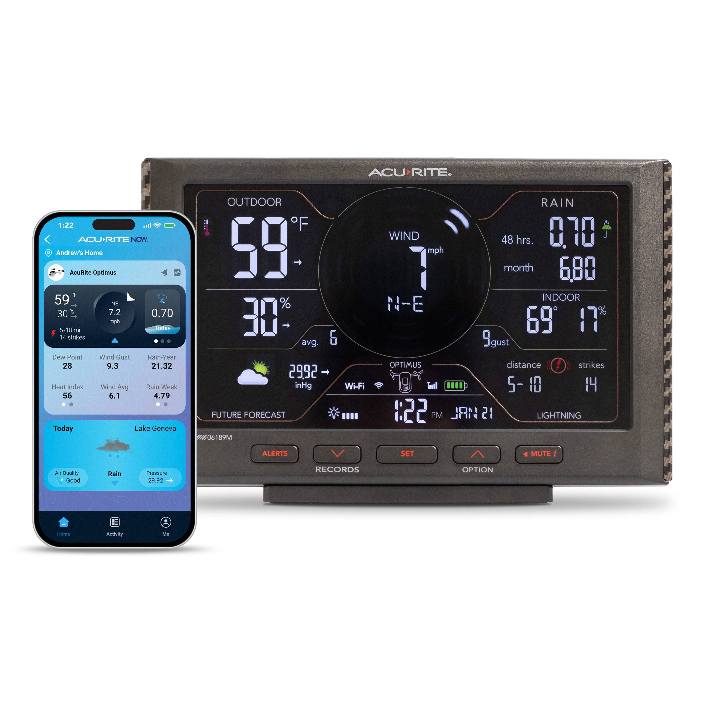 ACURITE. OUTDOOR 1:22 .na. F ACURITE NOWY Andrew's Andtite Home Optimus 59 A 59 N % 30 7.2 0.70 -10 m mph Joday 30 - 14 strikes avg. Dew Point Wind Gust Rain-Year 28 9.3 21.32 2992 Heat index Wind Aug Rain-Week inHg 56 6.1 4.79 FUTURE FORECAST Today Lake Geneva 6189M 6 Wi-Fi RAIN WIND 48 hrs. 0.10 mph month 6.80 INDOOR N-E 69 17% 9gust OPTIMUS distance 1 strikes Ll 5- 10 14 1:22 PM JRN 21 LIGHTNING ALERTS SET MUTE Au Cuply Goridd Rain messae 29.92  RECORDS OPTION - Actulity -