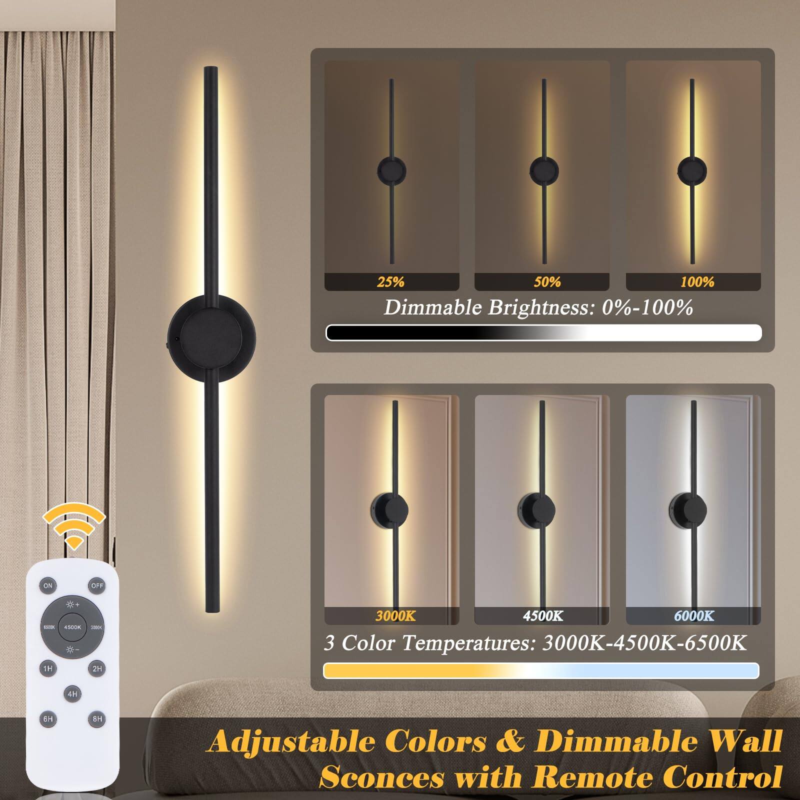 - Dimmable Brightness: 0%-100%
- 3 Color Temperatures: 3000K-4500K-6500K
- Adjustable Colors & Dimmable Wall Sconces with Remote Control