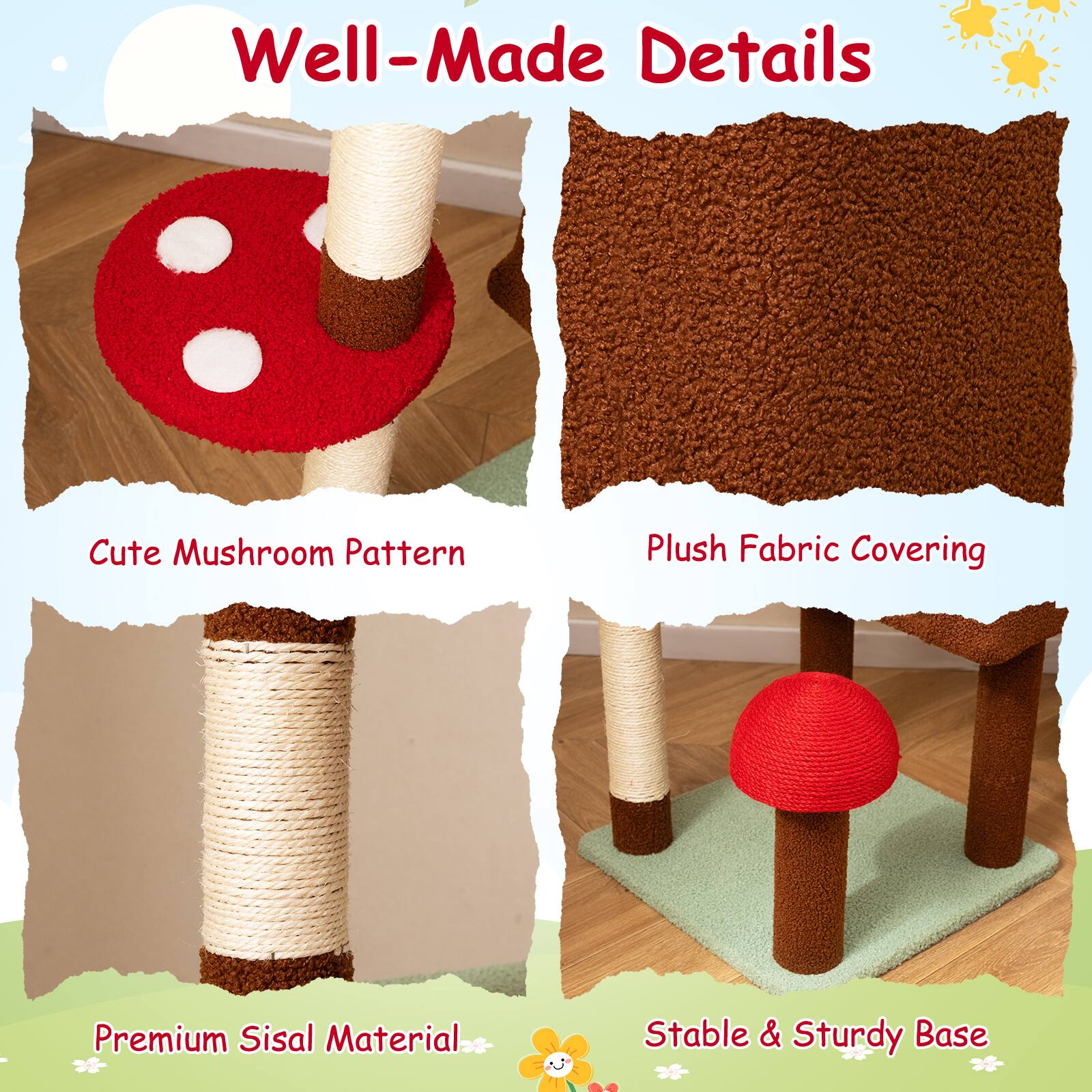 Well-Made Details

- Cute Mushroom Pattern
- Plush Fabric Covering
- Premium Sisal Material
- Stable & Sturdy Base