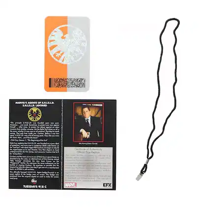 MARVEL'S AGENTS OF S.H.I.E.L.D.
S.H.I.E.L.D. LANYARD
The principle S.H.I.E.L.D. was founded upon pure ideology and a mysterious blue cube known as the Tesseract. Nick Fury, the Director of S.H.I.E.L.D., was tasked with protecting the world from threats both human and extraterrestrial. The organization was rebuilt after the events of "The Beginning of the End," with Coulson at the helm. The lanyard is an official prop replica, featuring the iconic S.H.I.E.L.D. logo.
This officially licensed S.H.I.E.L.D. Agent badge/lanyard is an exact replica of the one worn by Agent Coulson in the show. It is made from high-quality materials and is an official prop replica.
TUESDAYS 9|8 C
Certificate of Authenticity
Official Prop Replica
This certificate verifies that the accompanying collectible replica was produced by Marvel Studios, LLC under license from Marvel Entertainment, LLC.
MARVEL
EFX