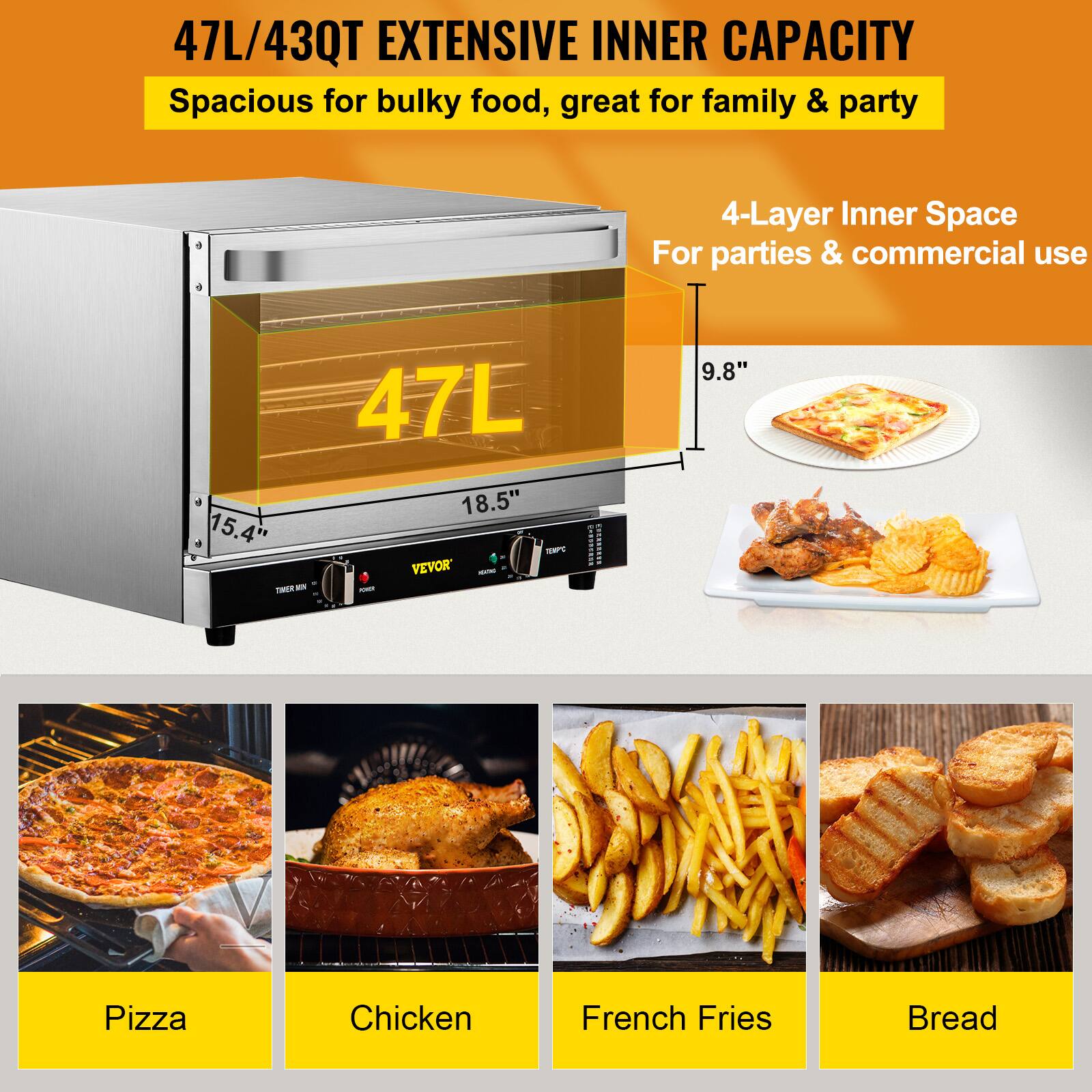47L/43QT EXTENSIVE INNER CAPACITY Spacious for bulky food, great for family & party a 4-Layer Inner Space For parties & commercial use 47L 18.5" 15.4" - VEVOR - - - - .  irss 9.8" Pizza Chicken French Fries Bread