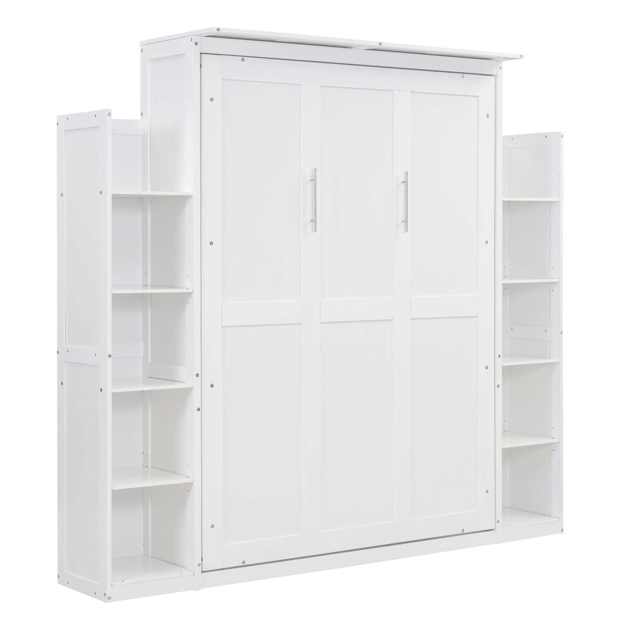 Alt View 1. Tiramisubest - Full Size White Murphy Bed with Shelves & LED Lights, Solid Wood+MDF, Space-Saving - White.