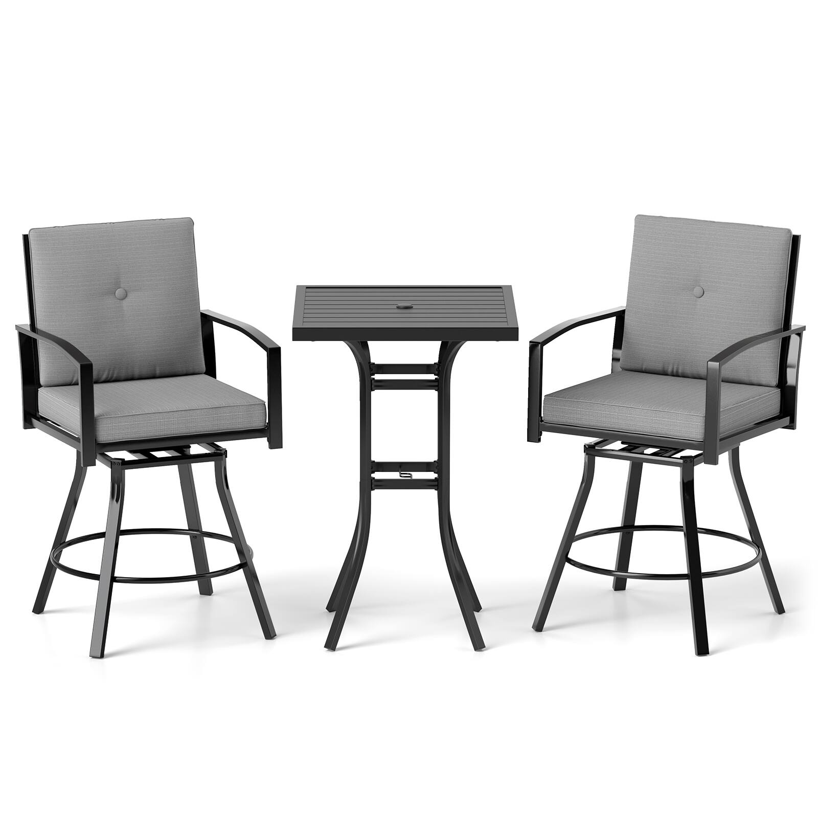 Alt View 7. Gymax - Gymax 3-Piece Patio Swivel Bar Set w/ Soft Cushions & 1.57'' Umbrella Hole for Lawn Black & Gray - Gray.