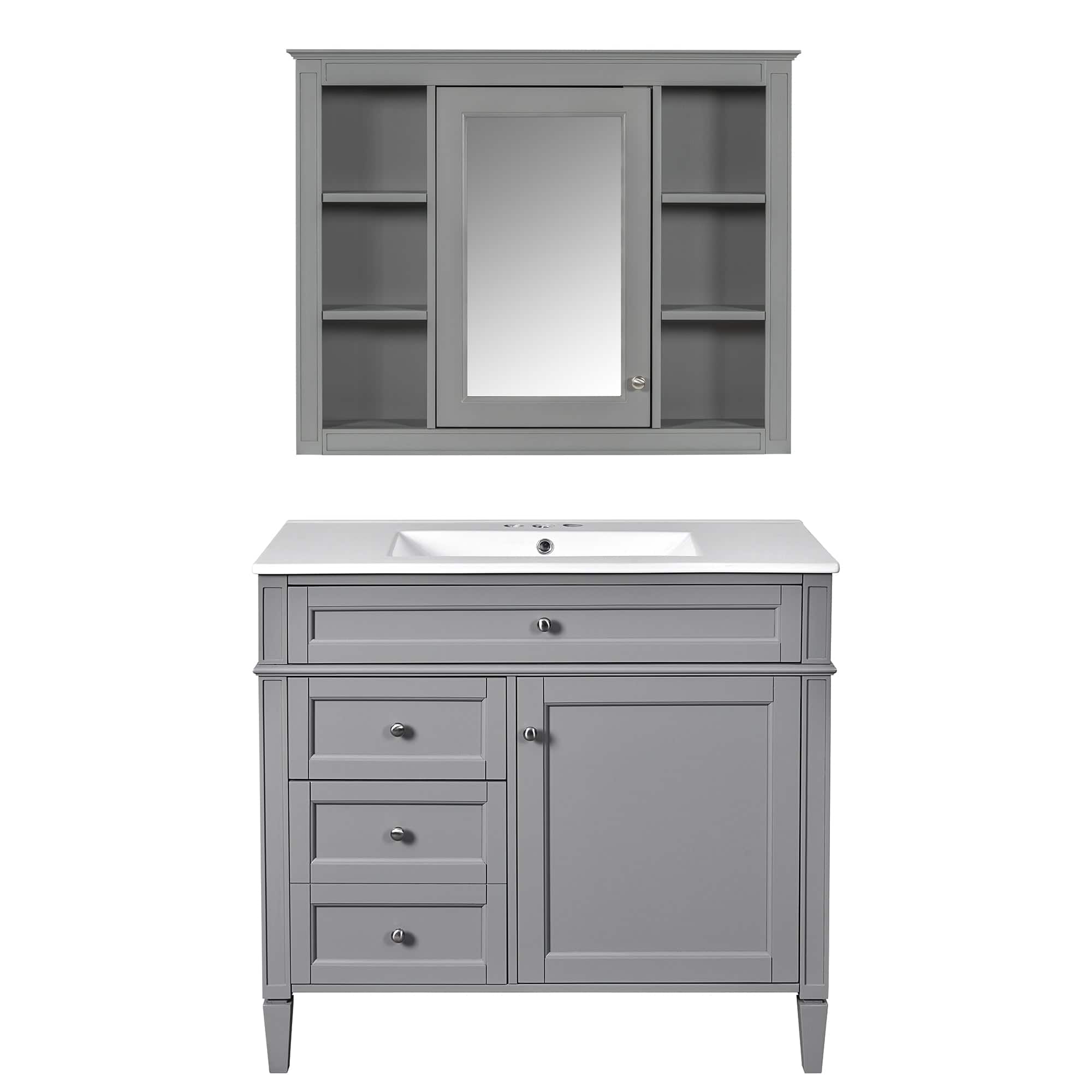 Boyel Living - 36 Inch Modern Bathroom Vanity Set with Medicine Cabinet Ceramic Sink Grey - Gray