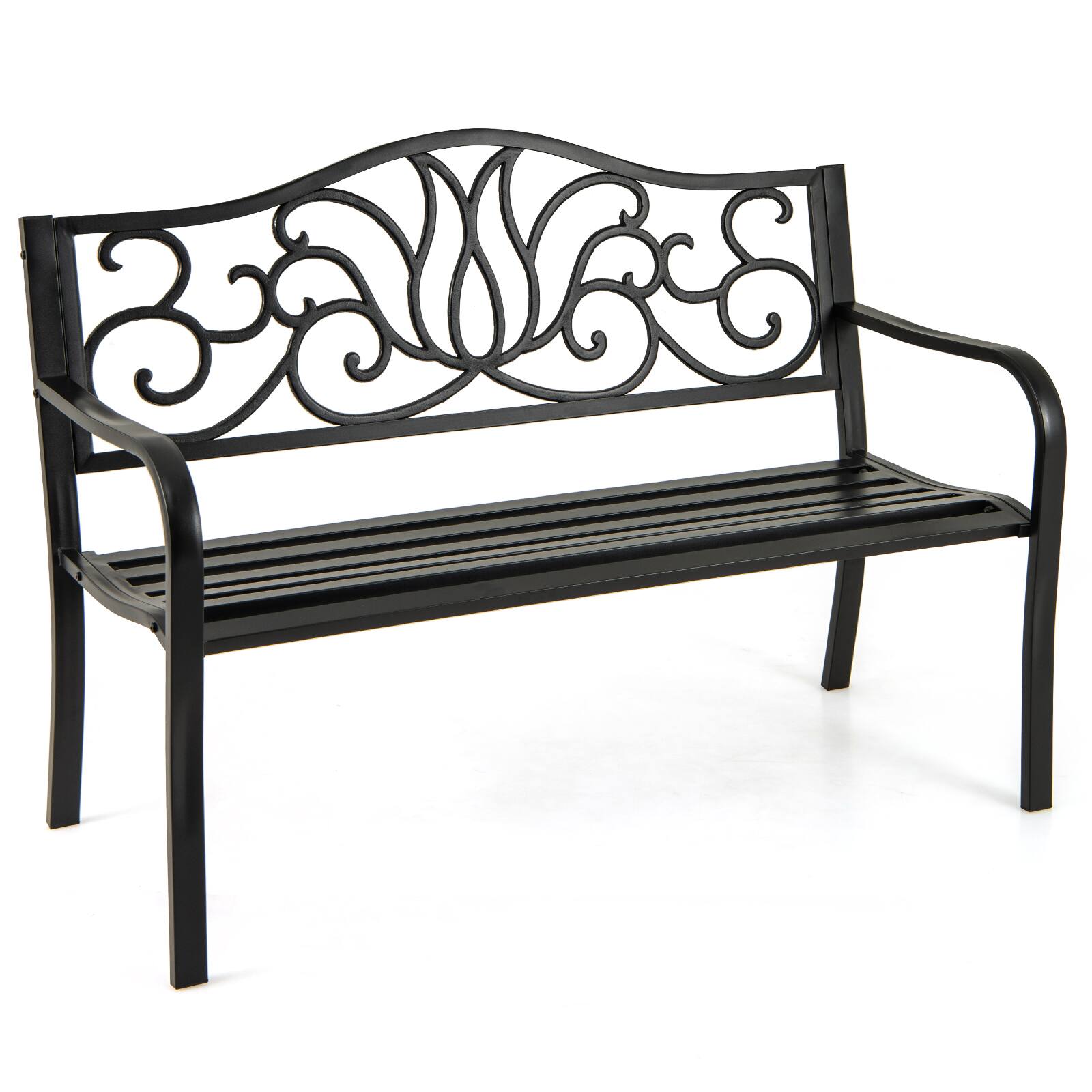 Alt View 9. Gymax - Gymax 2-person Metal Bench w/ Floral Pattern Slanted Backrest Slatted Surface Black - Black.