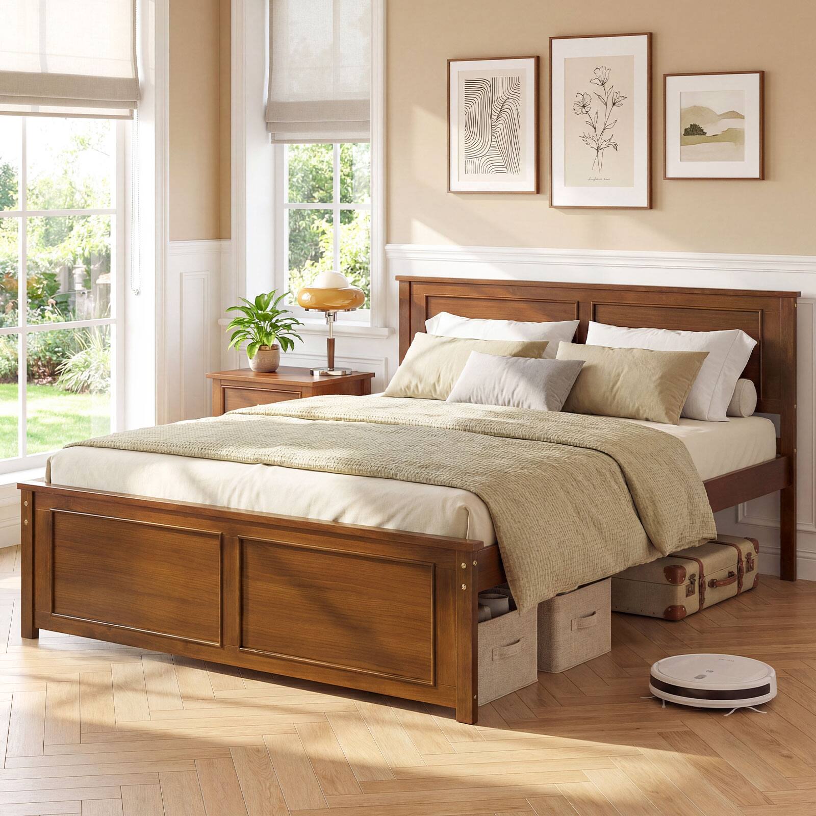 Alt View 4. Gymax - Gymax Full Size Bed Frame Farmhouse Wooden Platform Bed w/ Headboard Walnut - Brown.