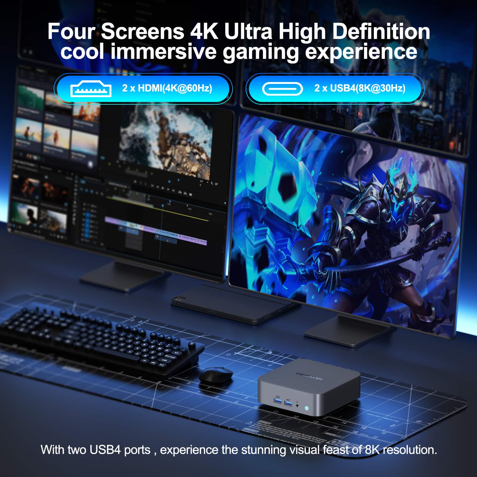 Four Screens 4K Ultra High Definition cool immersive gaming experience 2 x HDMI(4K@60Hz) 2 x USB4(8K@30Hz) - - - - - - - . - - LETLLEN - - With two USB4 ports, experience the stunning visual feast of 8K resolution.