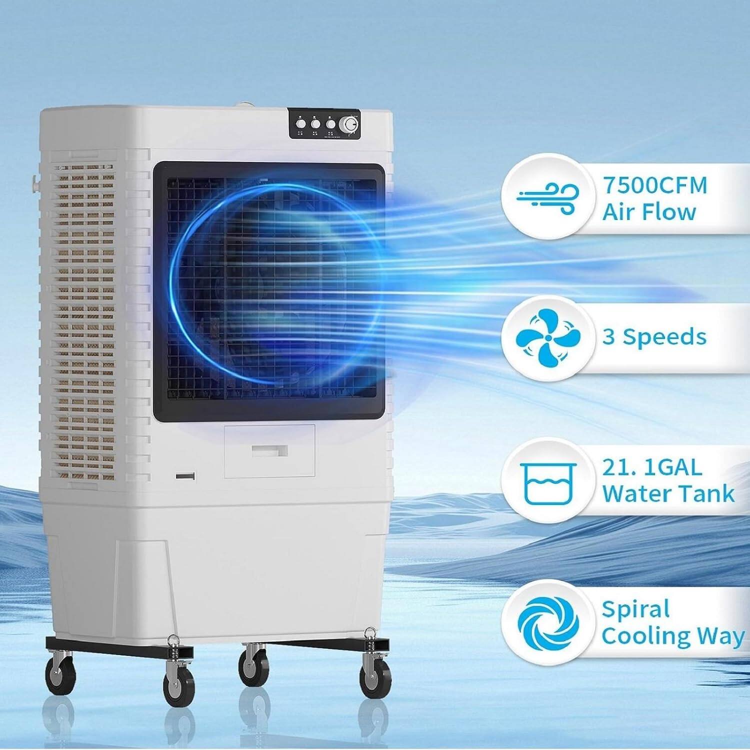 7500CFM Air Flow  
3 Speeds  
21.1GAL Water Tank  
Spiral Cooling Way