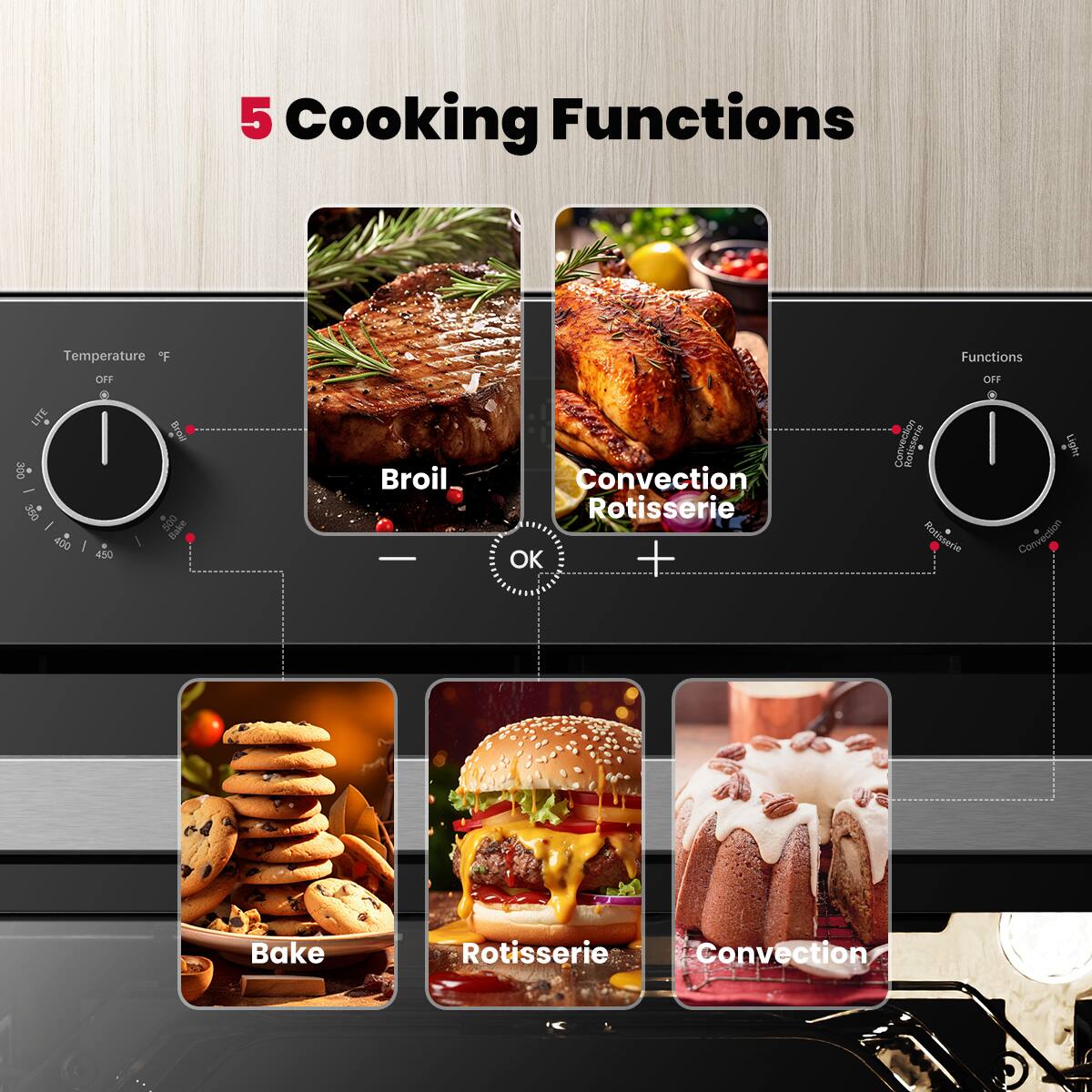 5 Cooking Functions

- Broil
- Convection Rotisserie
- Bake
- Rotisserie
- Convection

Temperature °F: OFF, 300, 350, 400, 450

Functions: OFF, Convection, Rotisserie, Convection Bake, Rotisserie Convection