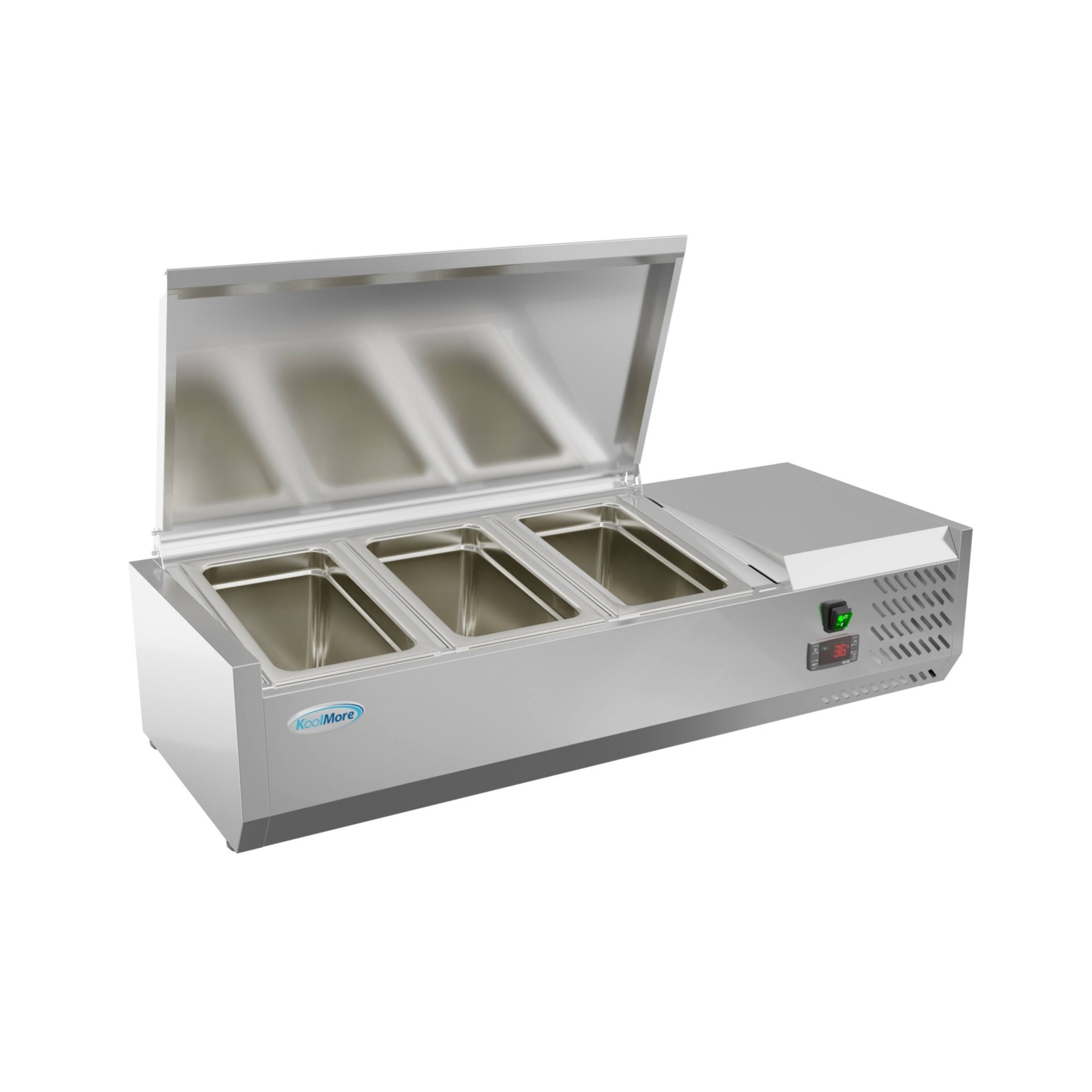 Angle. Koolmore - 40 in. Three Pan Refrigerated Countertop Condiment Prep Station - SCDC-3P-SG - Stainless-Steel.