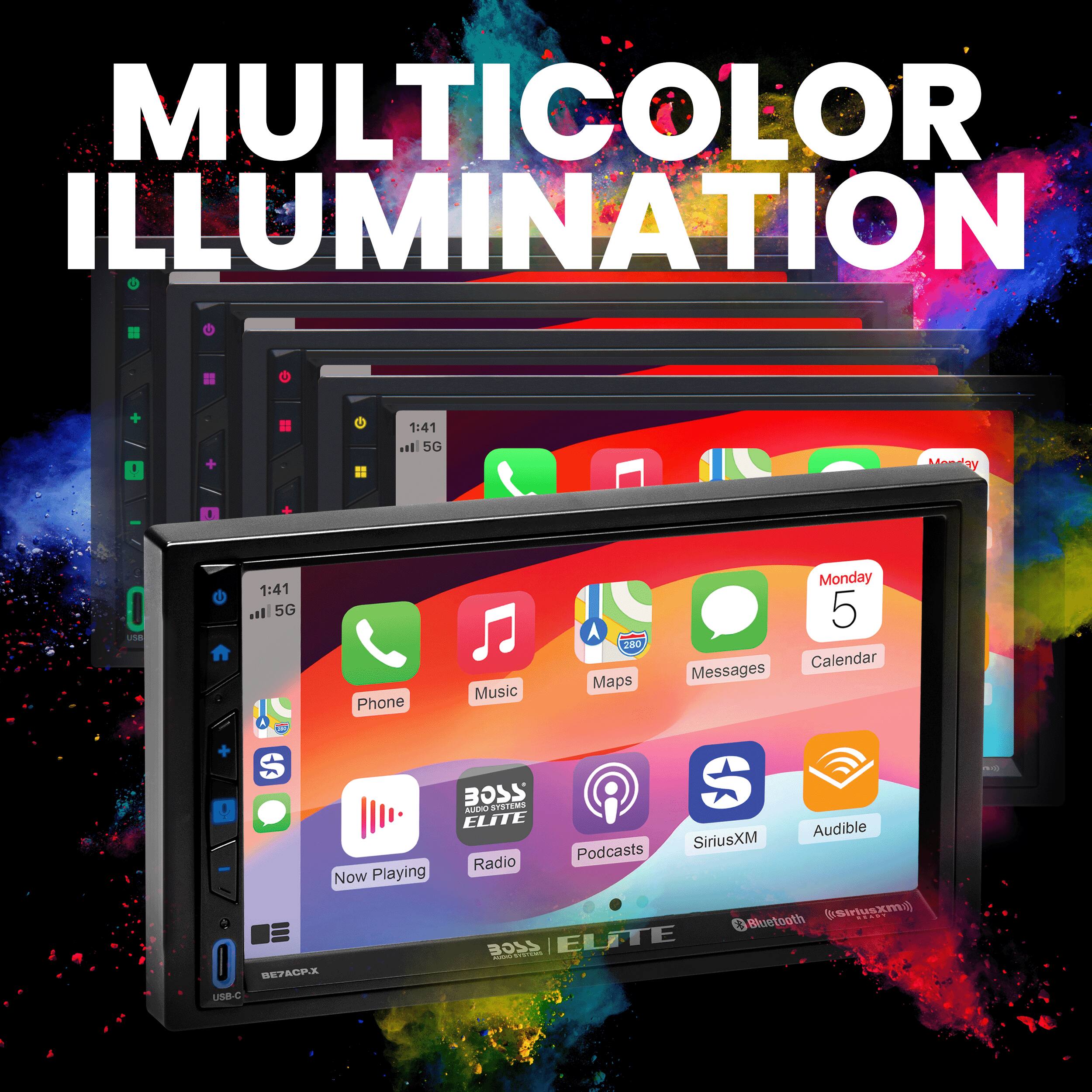MULTICOLOR ILLUMINATION 1 + - 1:41 l 5G Monday 1:41 5G 5 A D Calendar Messages Maps Music Phone a + S SC SYSTEMS S Alsmo ELITE Audible SiriusXM Podcasts Radio Now Playing Bluetooth (irjusxm) .... 30SS ELTTE adedar-es - O BEZACPX USB-C