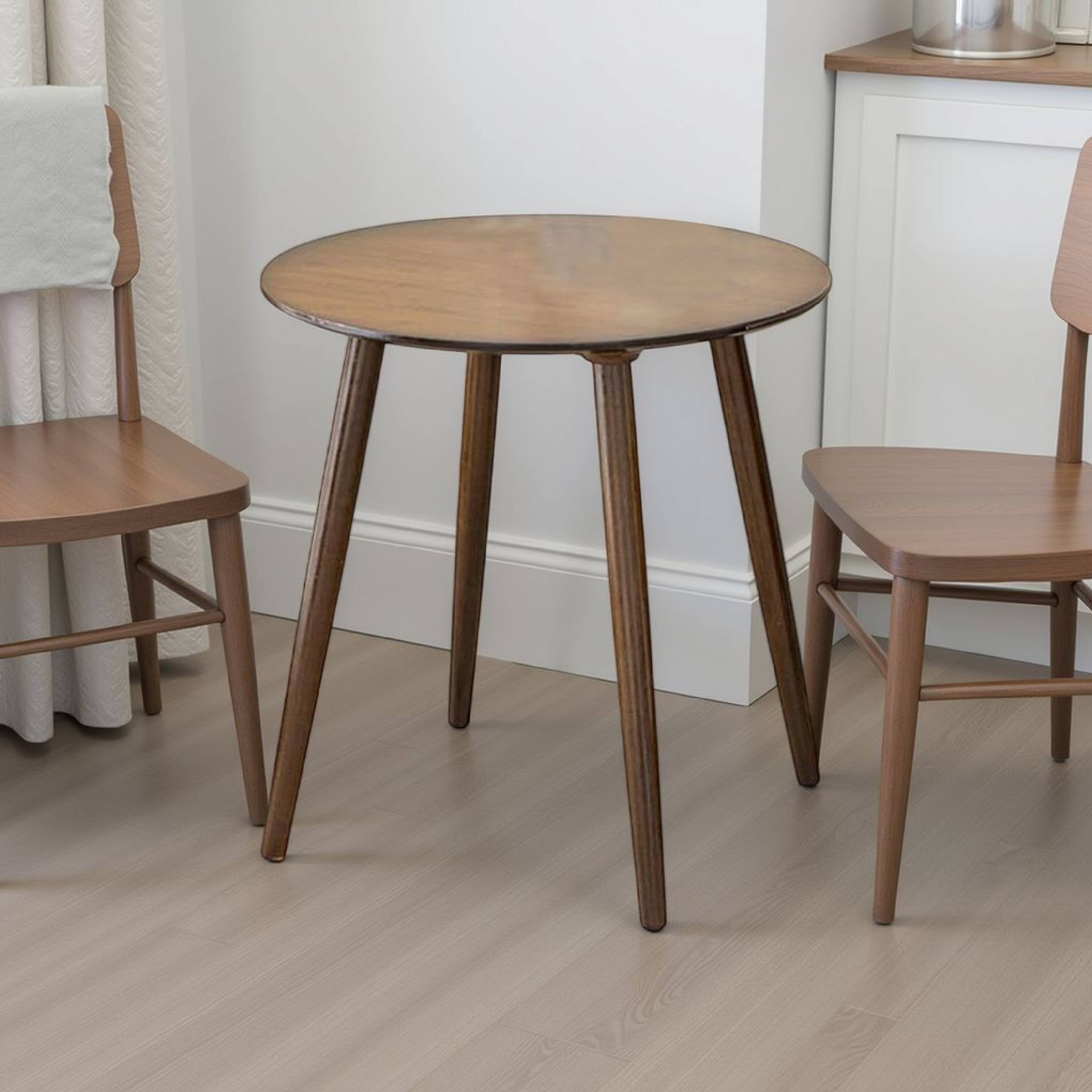 Alt View 2. Manhattan Lane - Ary Side End Table, 24 Inch Round Wood Top, Angled Legs - Walnut Brown.