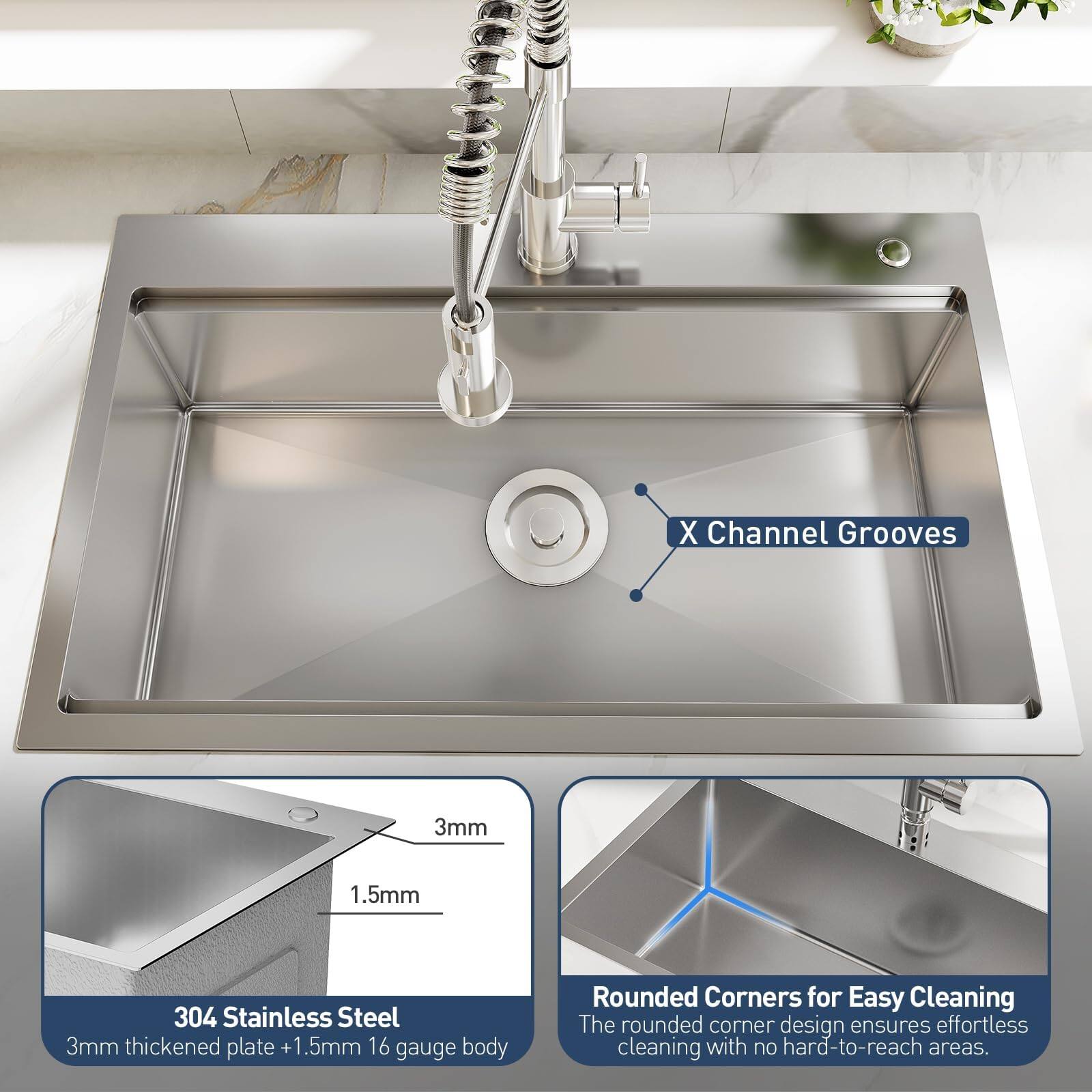 X Channel Grooves  
3mm 1.5mm  
304 Stainless Steel  
3mm thickened plate + 1.5mm 16 gauge body  
Rounded Corners for Easy Cleaning  
The rounded corner design ensures effortless cleaning with no hard-to-reach areas.