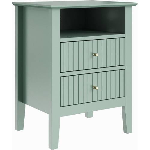 Alt View 4. LUCKY ONE - 18" Assembled Fluted Nightstand 2-Drawer Gold Knobs - Green.