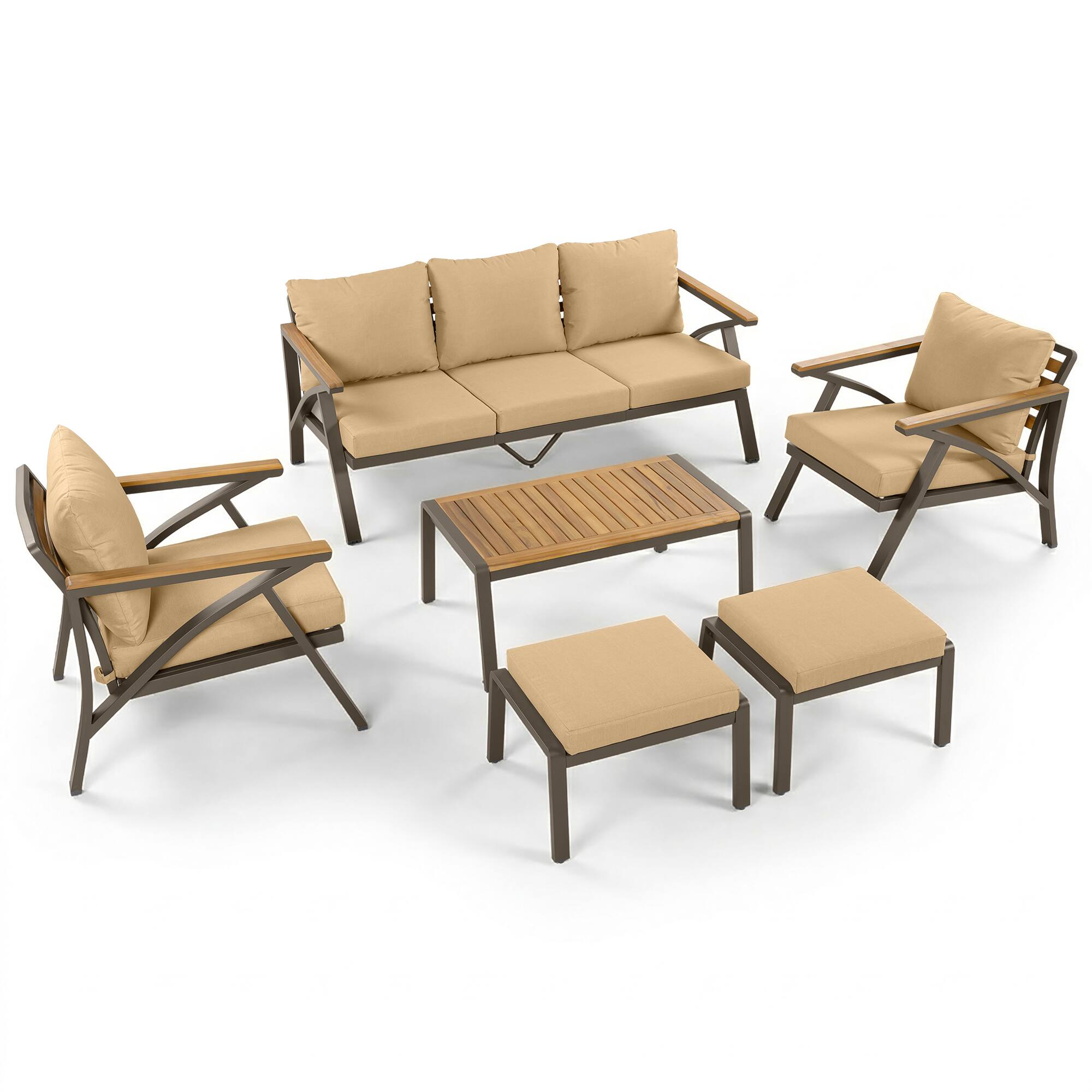 Left. Whisen - 6-Piece Outdoor Patio Furniture Set with Acacia Wood Table, Steel Sofa, Armchairs & Ottomans for Garden - Brown.