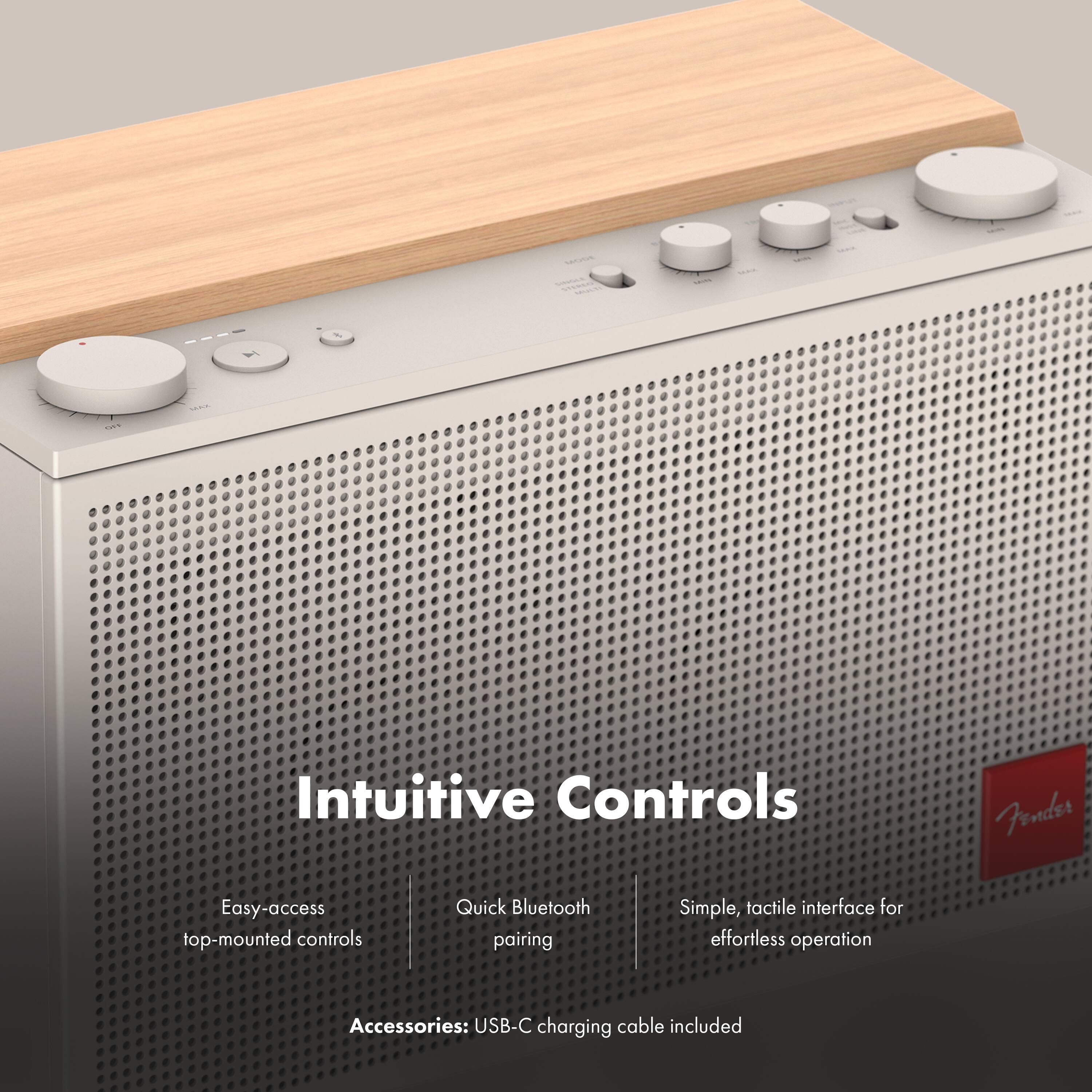 MODE SINGLE STEREO  
18000  
14/2/20  
MORE  
Linza, SER  
NET  
U.S.  

Intuitive Controls  
Fender  
Easy-access top-mounted controls  
Quick Bluetooth pairing  
Simple, tactile interface for effortless operation  
Accessories: USB-C charging cable included