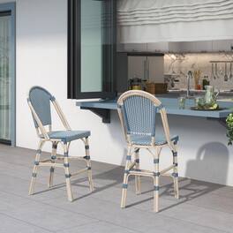 PURPLE LEAF - French Counter Height Bar Stool Set of 2 Patio Bar Chairs with Back Rattan Bar Chairs French Bistro Set - White Frame/Light Blue-Counter Stool