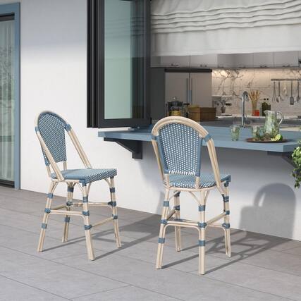 Front. PURPLE LEAF - French Counter Height Bar Stool Set of 2 Patio Bar Chairs with Back Rattan Bar Chairs French Bistro Set - White Frame/Light Blue-Counter Stool.