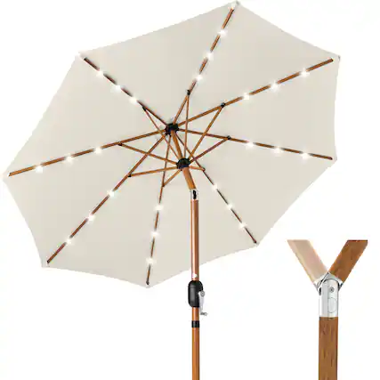 Front. Best Choice Products - Best Choice Products 10ft Solar LED Lighted Outdoor Woodgrain Pattern Steel Market Patio Umbrella - Ivory - Ivory - Woodgrain Finish.