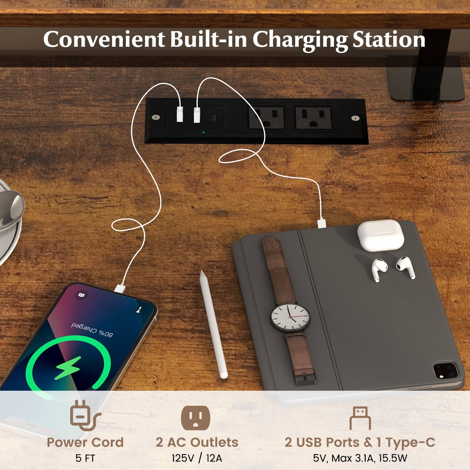 Convenient Built-in Charging Station, Charged 80%, Power Cord 5 FT, 2 AC Outlets 125V / 12A, 2 USB Ports & 1 Type-C 5V, Max 3.1A, 15.5W