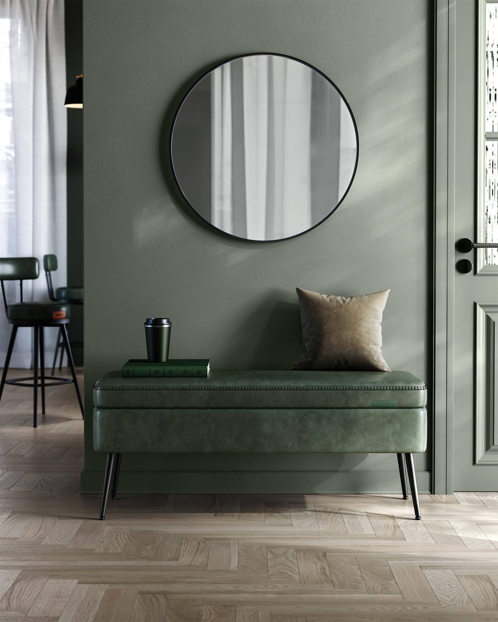 Angle. Songmics Home - Collection Storage Ottoman Bench – 15-Gallon Mid-Century Modern Entryway Forest Green - Green.