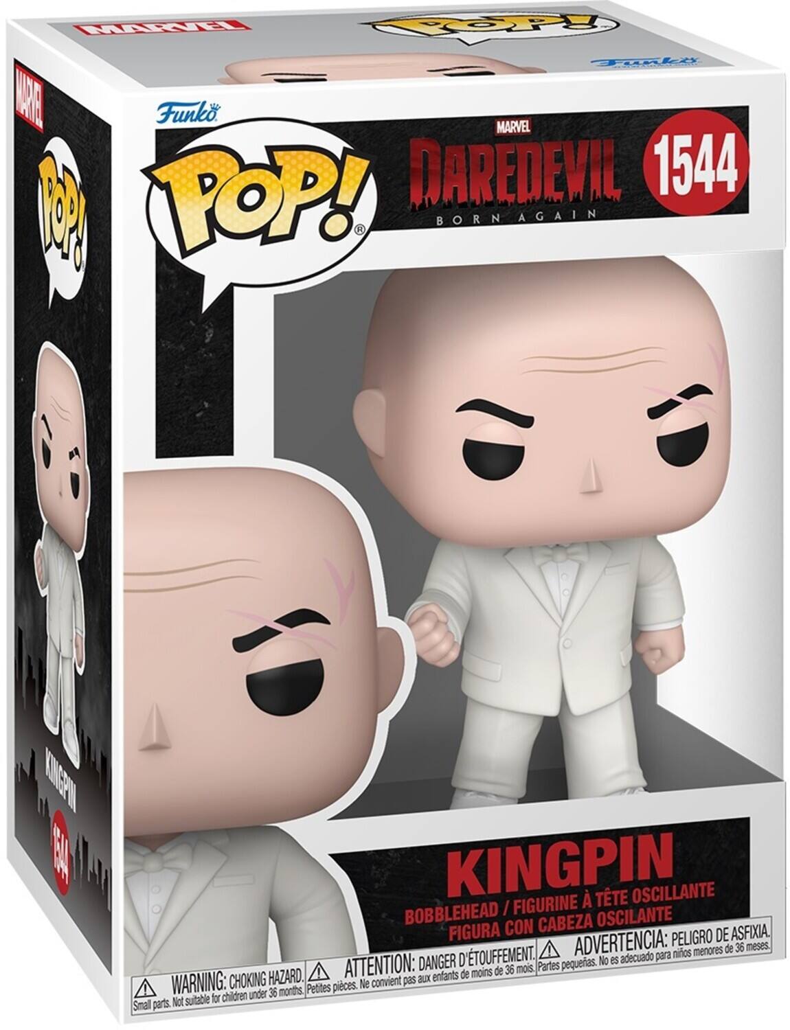 MRRI TOP Tugl AE Funko MARVEL DAREDEVIL 1544 M POP! K BORN AGAIN A KINGPIN TTE OSCILLANTE BOBBLEHEAD / FIGURINE À TÊTE OSCILLANTE FIGURA CON CABEZA OSCILANTE FIGURA PELIGRO DE ASFIXIA. D'TOUFFEMENT. ADVERTENCIA: nios menores de 36 meses. DANGER D No es adecuado para ATTENTION: de 36 mois. Partes pequeñas. HAZARD. enfants de moins WARNING: CHOKING convient pas aux Petites pièces. Not suitable for children under 36 months Small parts. Not suitable for children under 36 months.