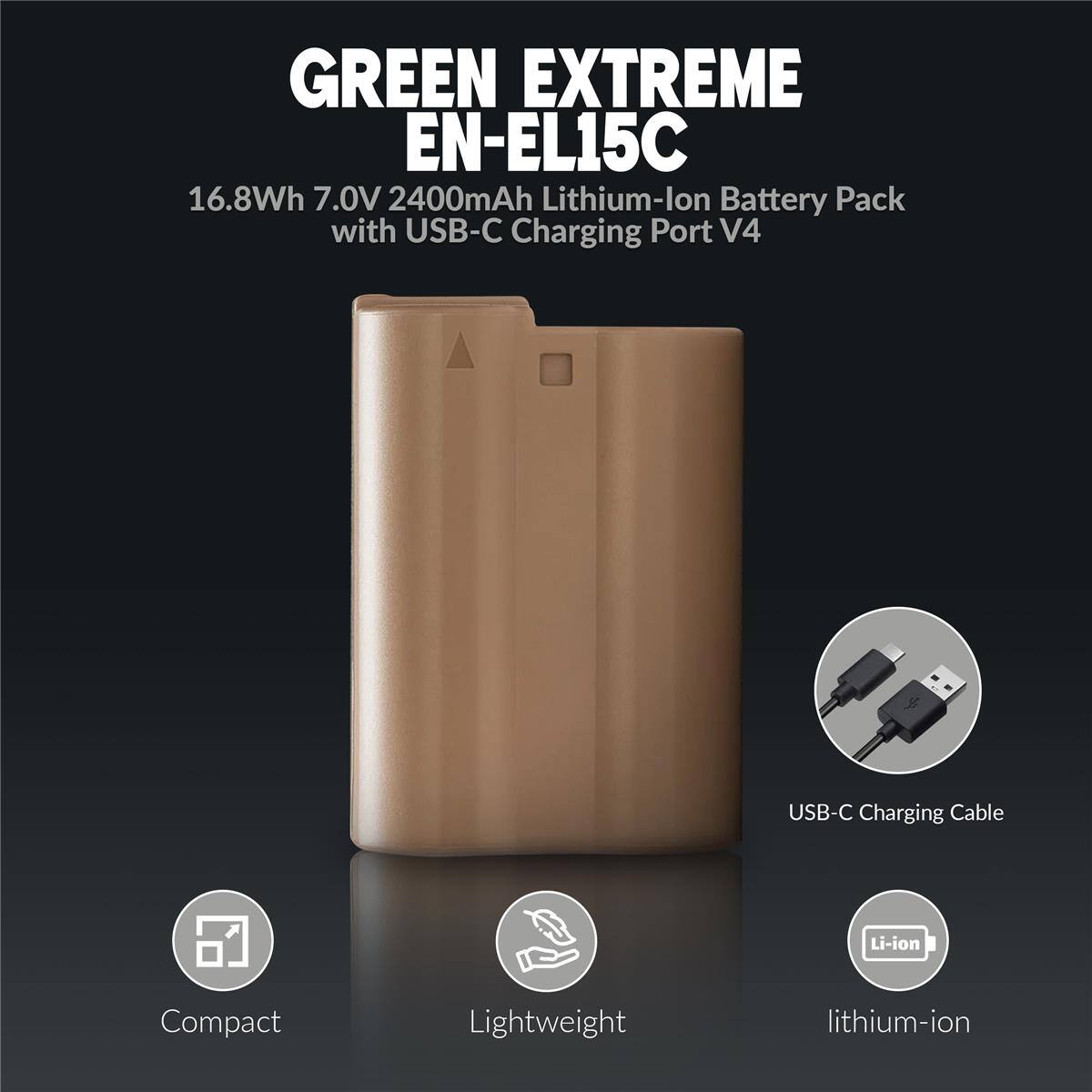 GREEN EXTREME EN-EL15C 16.8Wh 7.0V 2400mAh Lithium-Ion Battery Pack with USB-C Charging Port V4 USB-C Charging Cable Li-ion Compact Lightweight lithium-ion