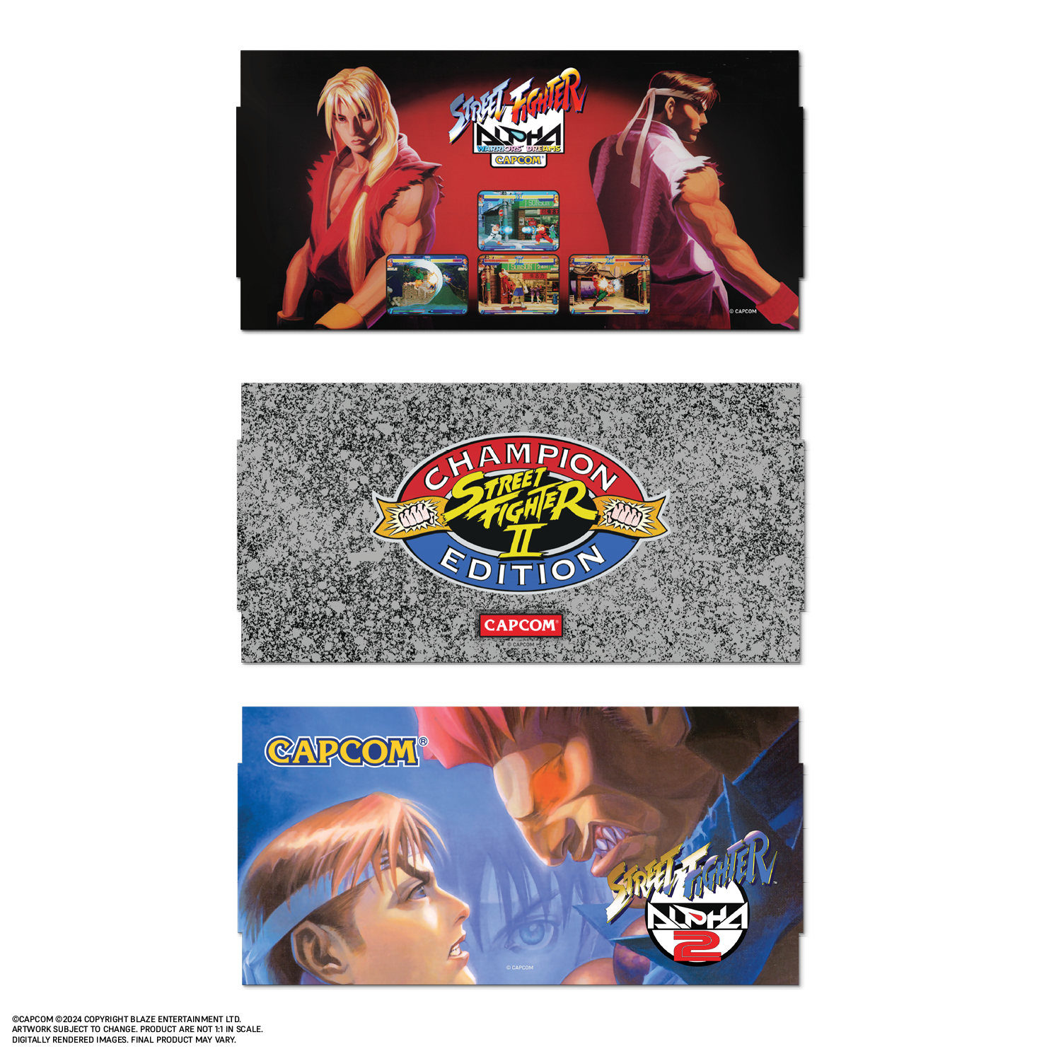 Sure, here is the corrected and grouped text from the image:

---

**Top Image:**
- STREET FIGHTER II
- CAPCOM

**Middle Image:**
- CHAMPIONSHIP EDITION
- STREET FIGHTER II
- CAPCOM

**Bottom Image:**
- CAPCOM
- STREET FIGHTER II
- CAPCOM

**Bottom Text:**
- ©CAPCOM 1992/2024 COPYRIGHT BLAZE ENTERTAINMENT LTD.
- DIGITALLY RENDERED IMAGES. FINAL PRODUCT MAY VARY.

---