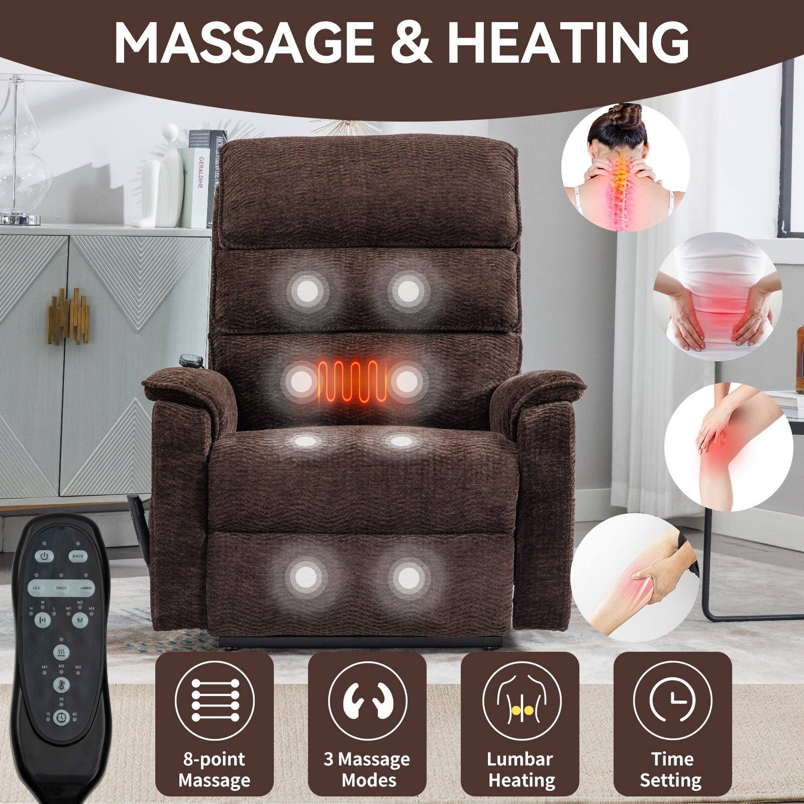 MASSAGE & HEATING

- 8-point Massage
- 3 Massage Modes
- Lumbar Heating
- Time Setting
