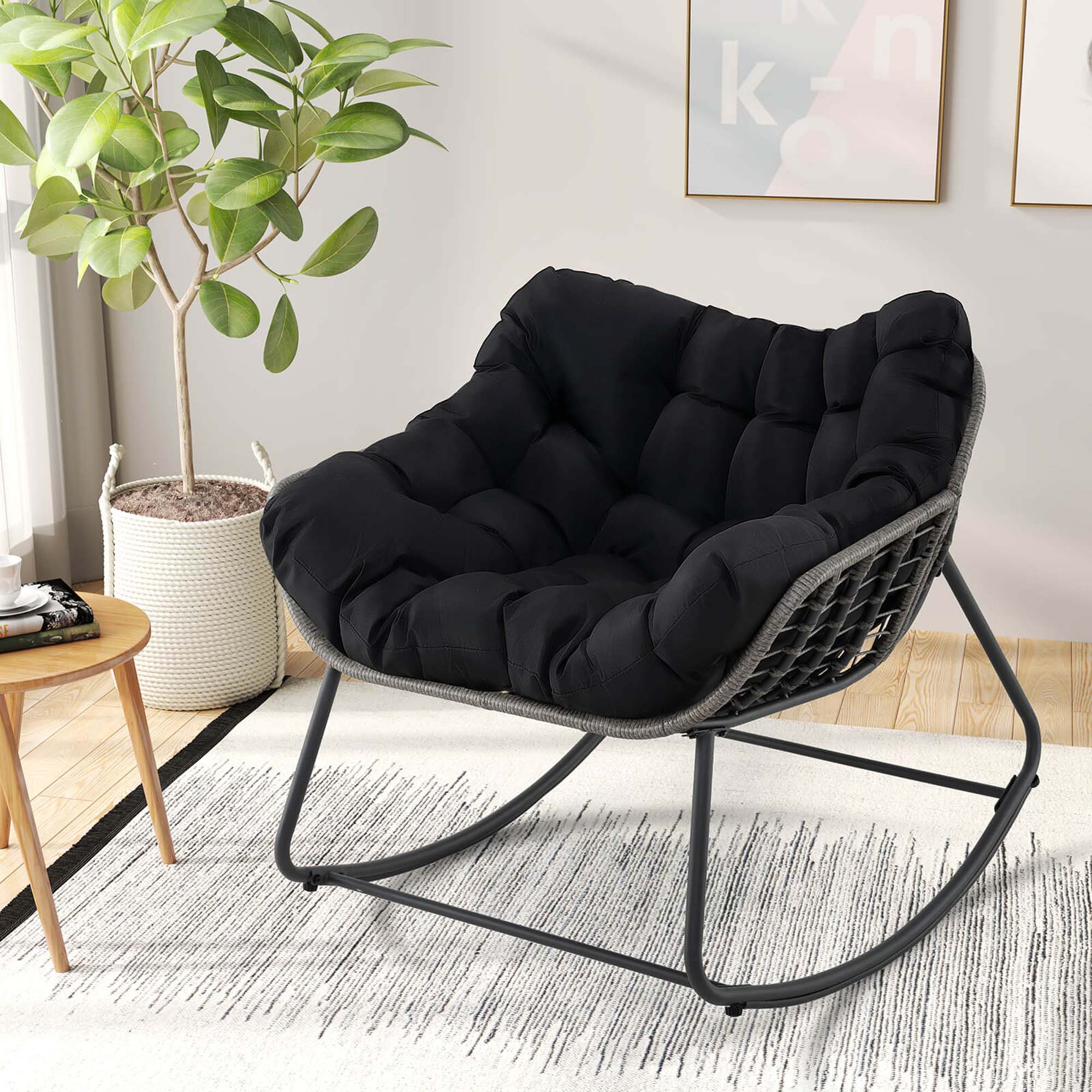 Alt View 4. Costway - 1 PCS Outdoor Rocking Chair Oversized Patio PE Wicker Egg Chair Rattan Lounge Chair - Black + Mix Gray.
