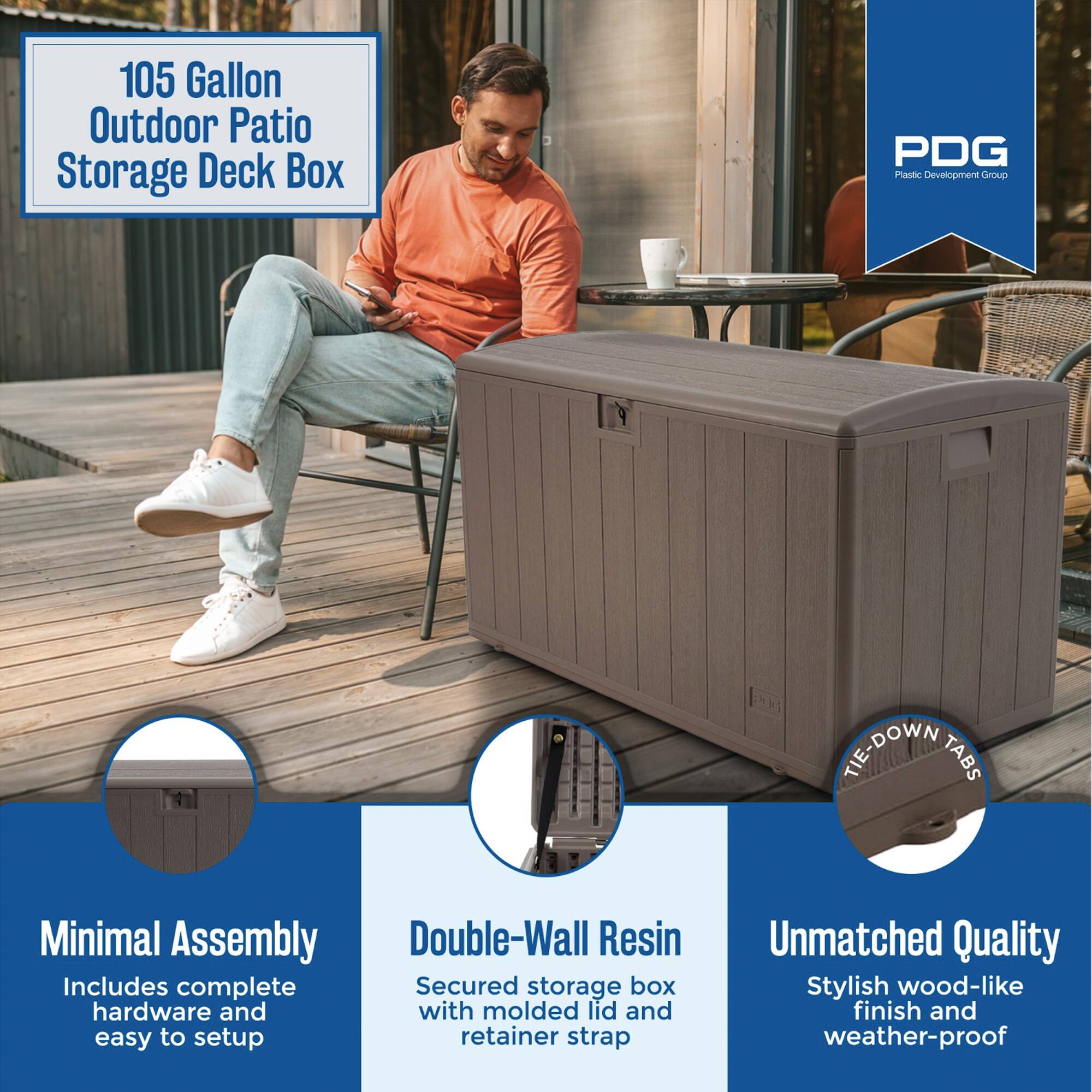 105 Gallon Outdoor Patio Storage Deck Box

PDG Plastic Development Group

Minimal Assembly
Includes complete hardware and easy to setup

Double-Wall Resin
Secured storage box with molded lid and retainer strap

Unmatched Quality
Stylish wood-like finish and weather-proof

Tie-Down Tabs