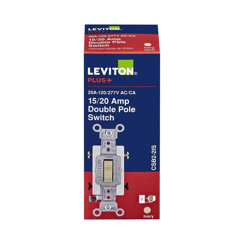 LEVITON PLUS+  
20A-120/277V AC/CA  
15/20 Amp Double Pole Switch  
Interruptor bipolar de 15/20A ivory  
CSB2-2IS Ivory  

LEVITON PLUS+  
20A-120/277V AC/CA  
15/20 Amp Double Pole Switch  
SPEC 330 - ut - AC  
LEVITON DEF BOY 20/120V077V AC  

CSB2-2IS Ivory