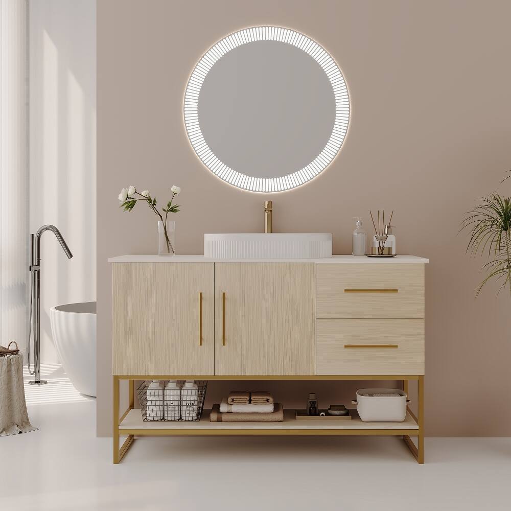 Angle. Loheer - Loheer 36 inch modern bathroom vanity with ceramic vessel sink and gold accent freestanding cabinet - American White Oak.
