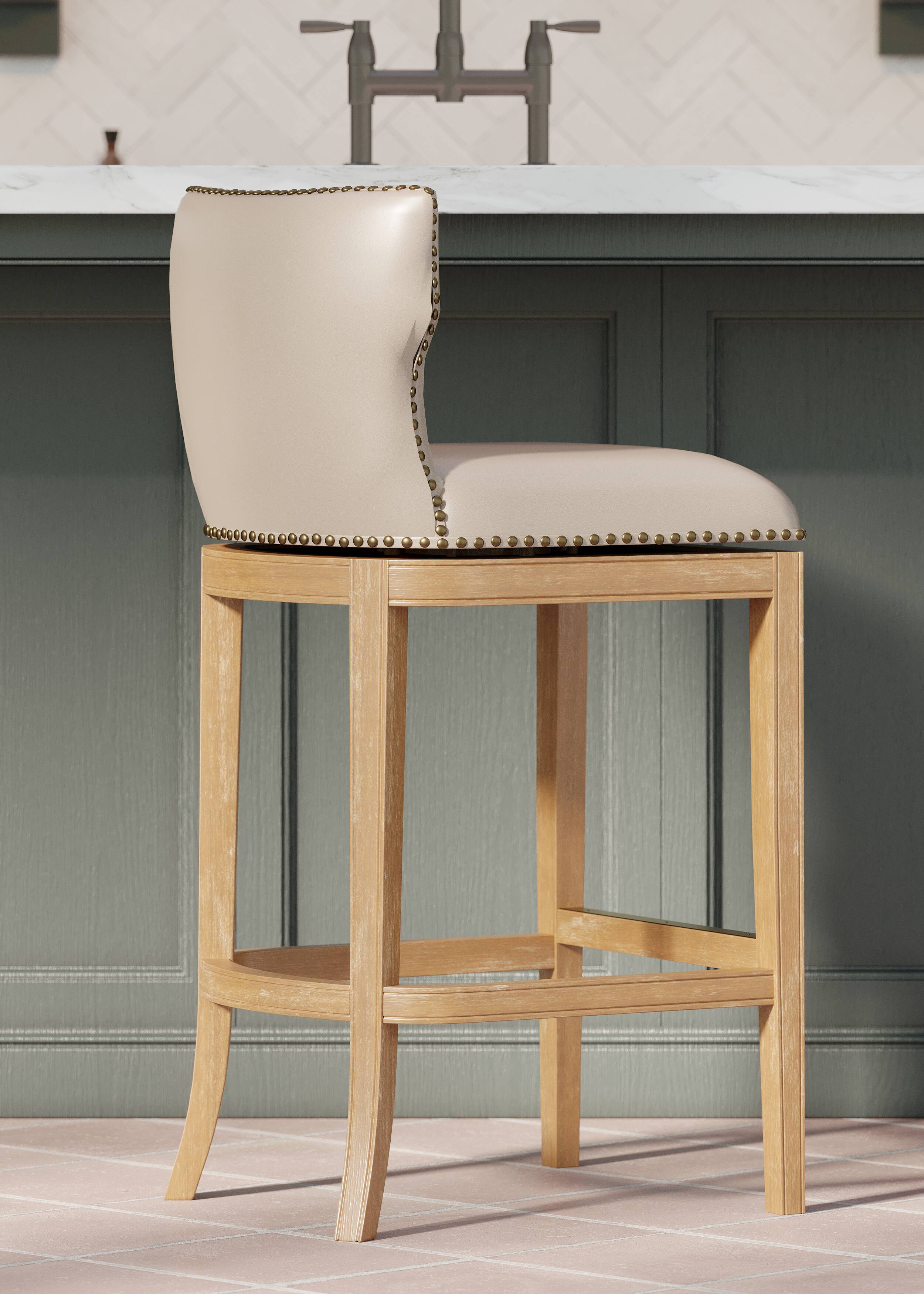 Angle. Maven Lane - 31' Hugo Bar Stool in Weathered Oak Finish with Vegan Leather - Weathered Oak.