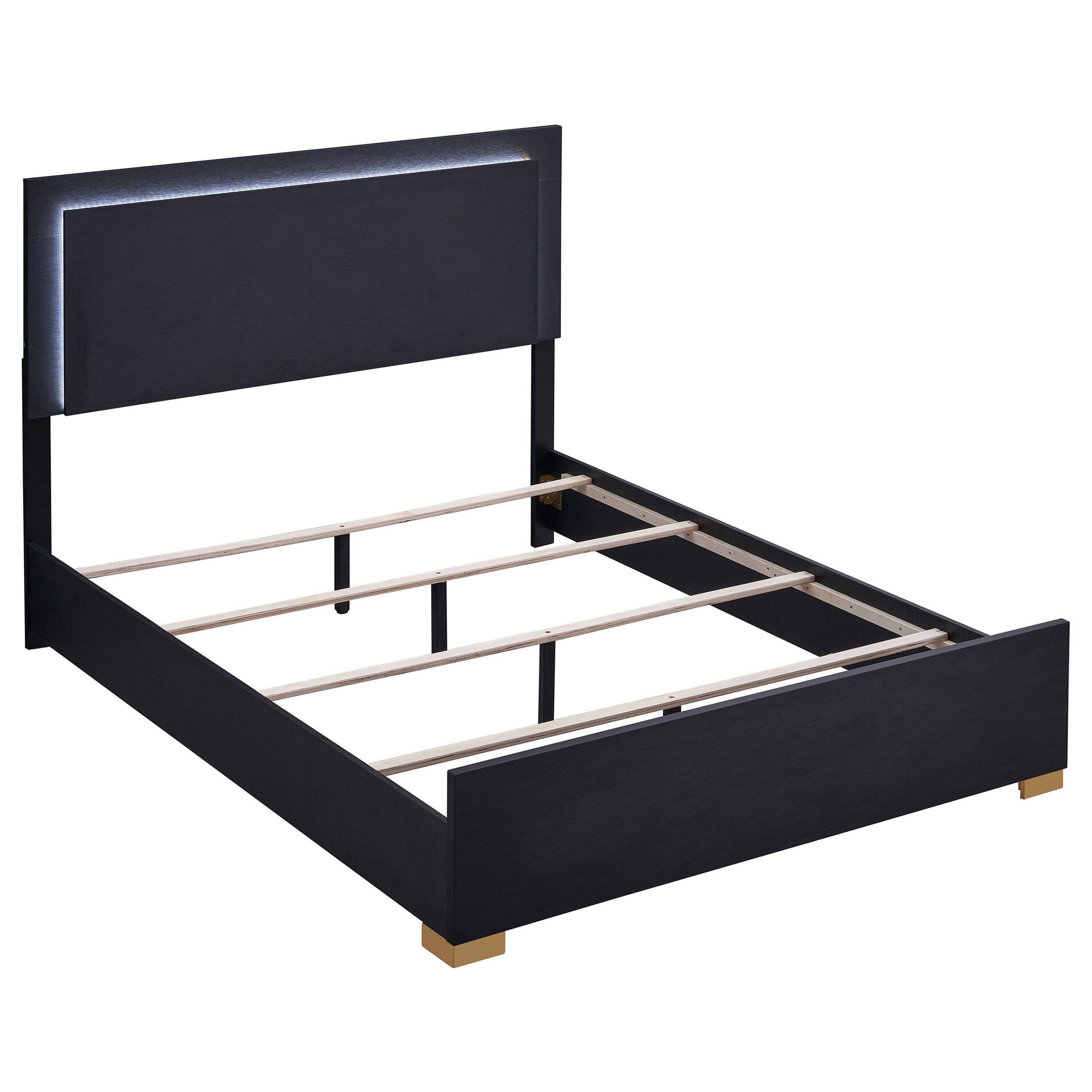Alt View 1. Manhattan Lane - Dex Full Size Bed with LED Framed Headboard, Black Wood Finish, Gold Legs - Black, Gold.