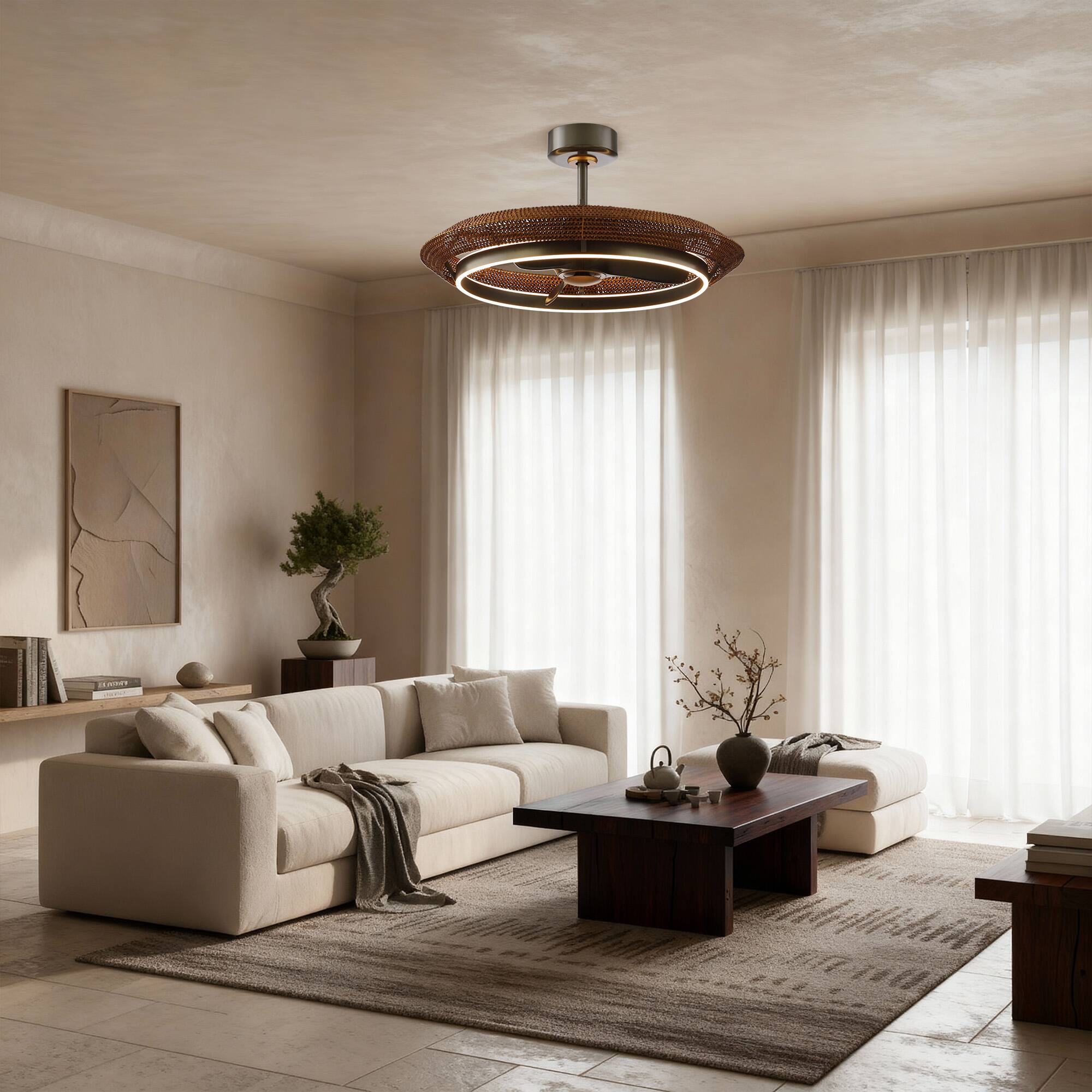 Left. Parrot Uncle - 24" Farmhouse Balck Hand Rattan LED Fandelier Ceiling Fan with Remote - Black.