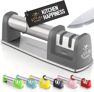 Zulay Kitchen - Premium Quality Knife Sharpener for Straight and Serrated Knives Stainless Steel Ceramic and Tungsten - Gray