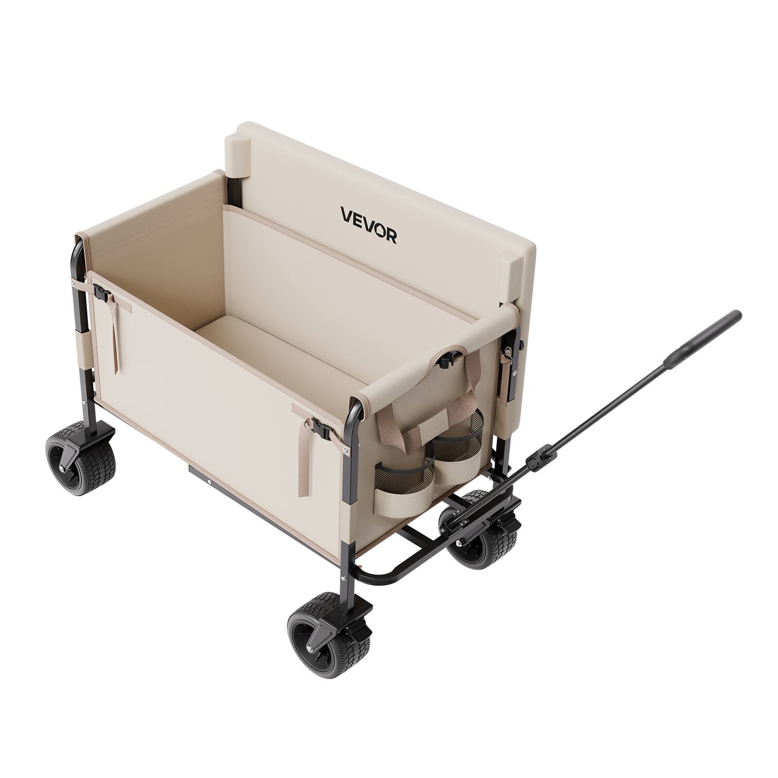 Alt View 5. VEVOR - Collapsible Folding Wagon, 550lb Load & 220L, 2 in 1 Foldable Wagon Cart Converts to Bench, with Adjustable Handle - Khaki.